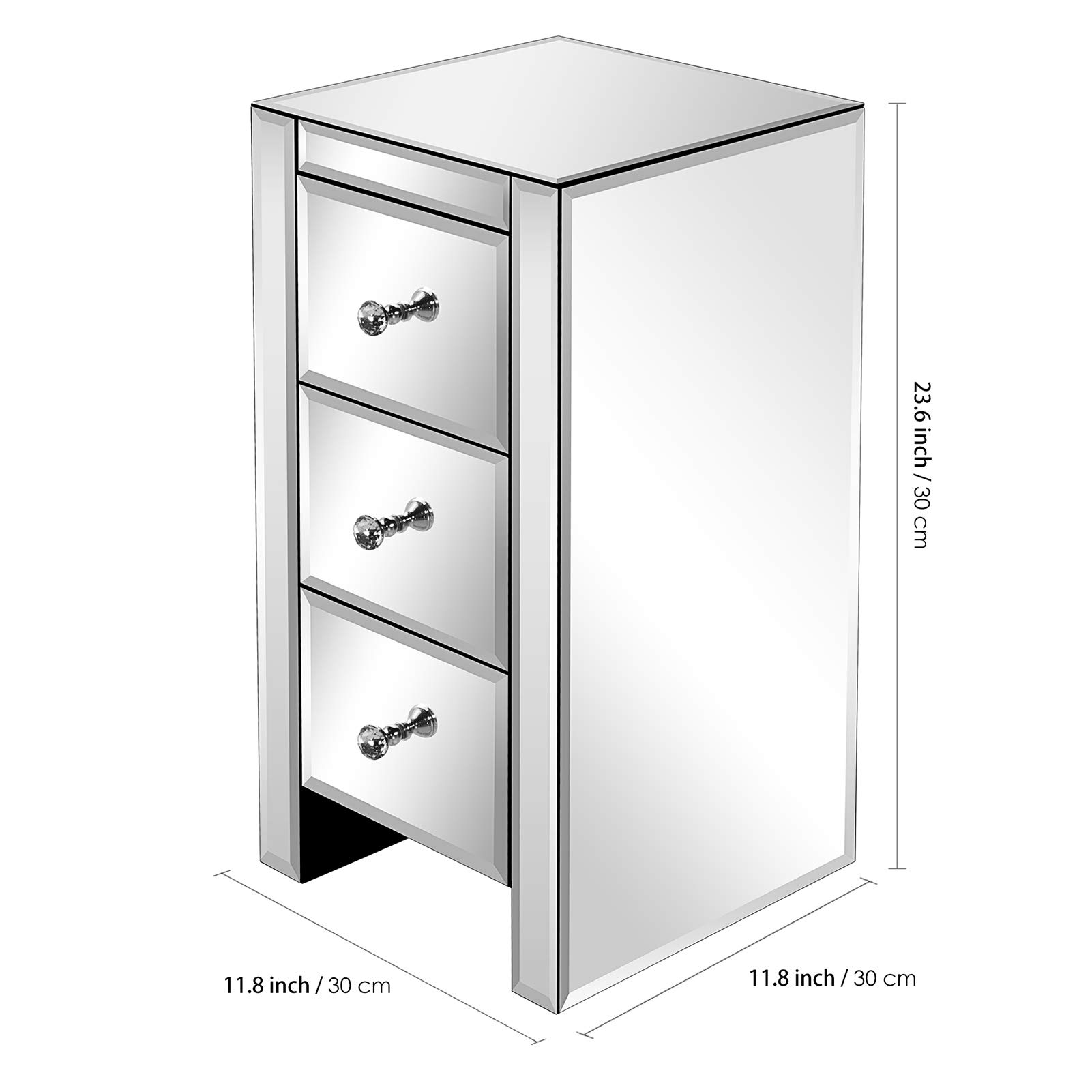 Mirrored Nightstand with 3 Drawers - Silver End Table with Crystal Handles for Bedroom & Living Room | Modern Accent Table for Bedside, Sofa Side, or Vanity Use