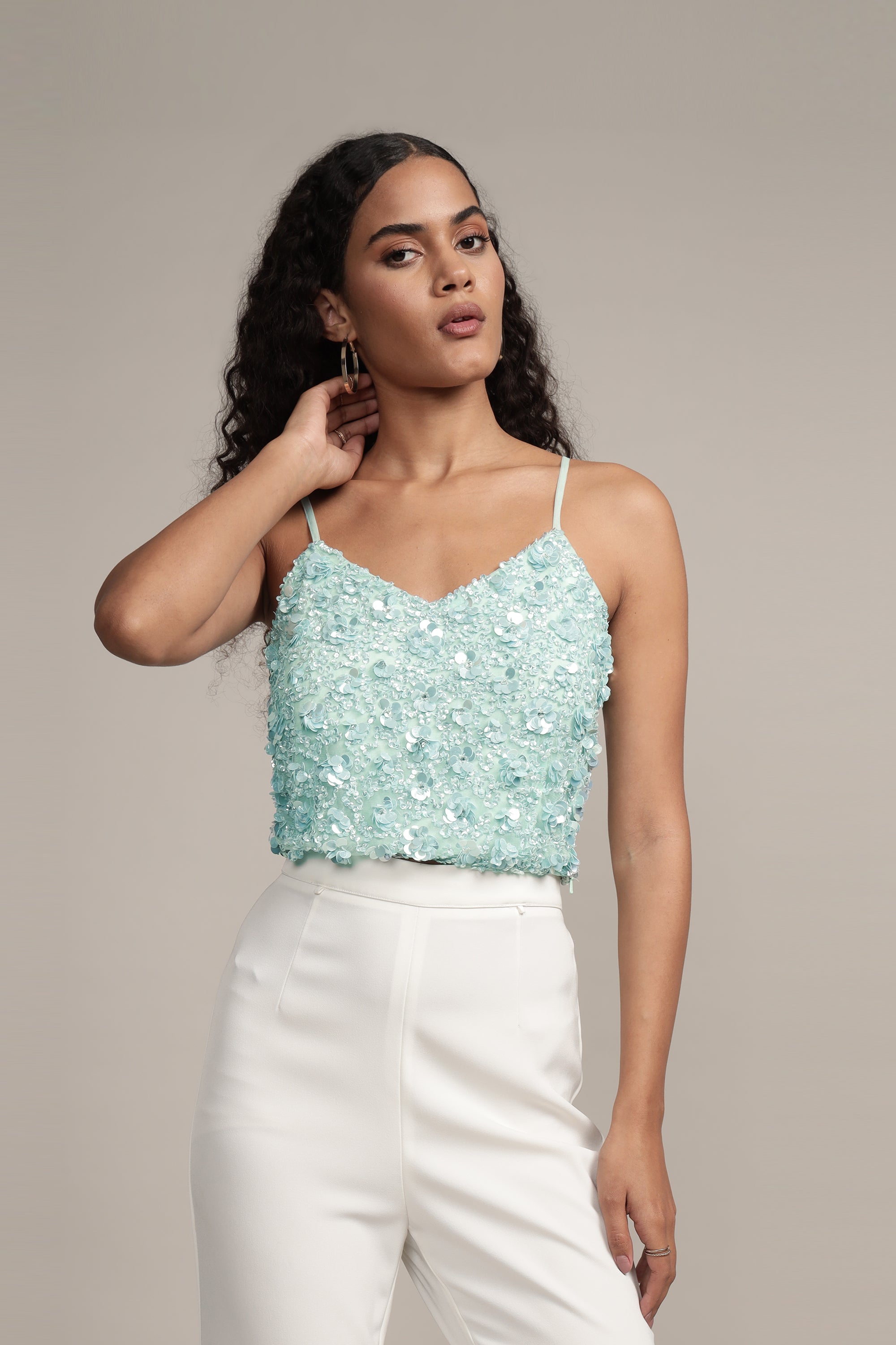Aqua Sequin Cami Top for Women - Sparkling Party & Evening Wear - Perfect for Night Out, Club, and Special Occasions