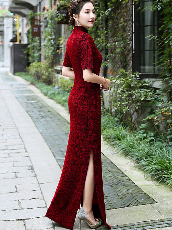 Elegant Burgundy Stretchy Bodycon Cheongsam Qipao Dress for Women - Perfect for Mother's Day, Weddings & Special Occasions
