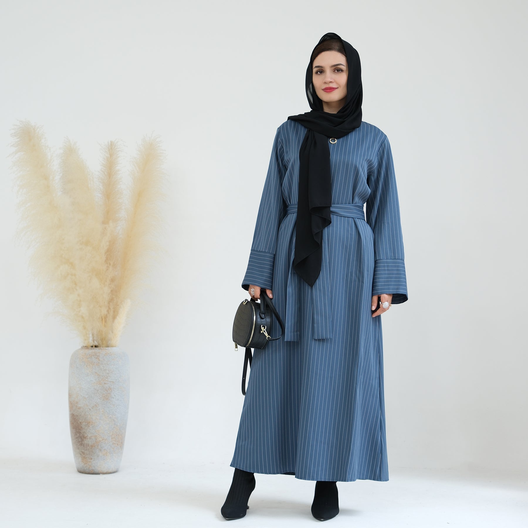 Janine Stripe Long Sleeve Belted Maxi Dress for Women - Flowy Blue Midi Dress with Belt, Elegant Casual & Party Wear, Perfect for Weddings, Date Nights and Summer Outings