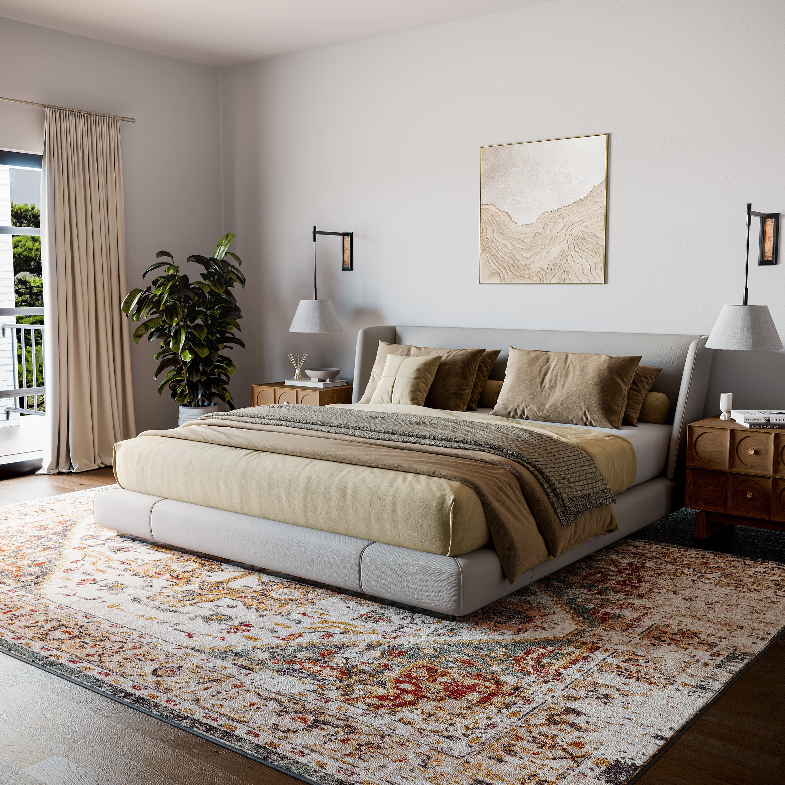 Fading Herati Medallion Rug - Beige Oriental Vintage Area Carpet for Living Room, Bedroom & Home Decor