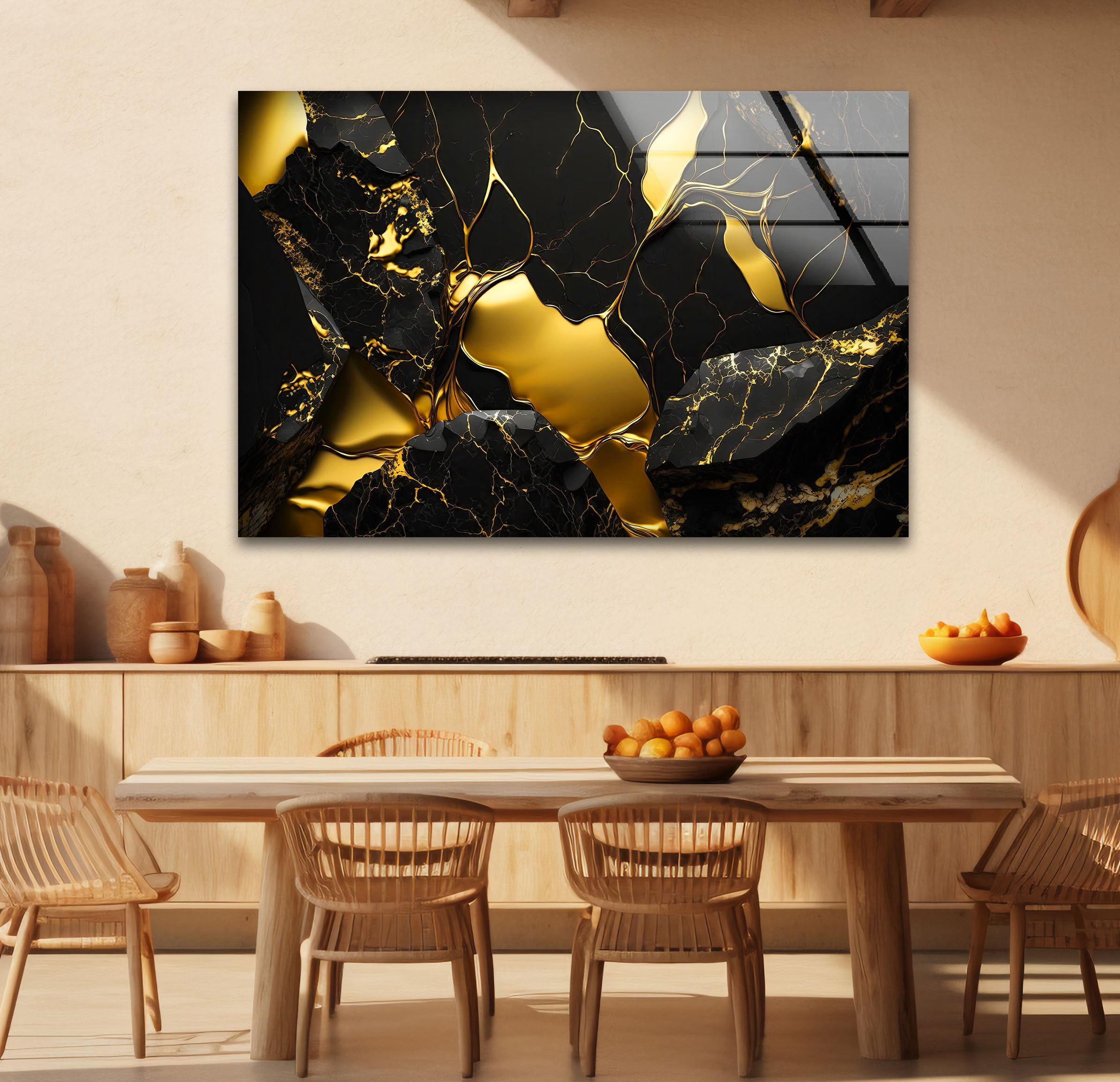 Black and Gold Abstract Wall Art - Modern Glass Print with Luxury Shine for Living Room, Bedroom & Office Decor | Elegant Home Wall Decorations
