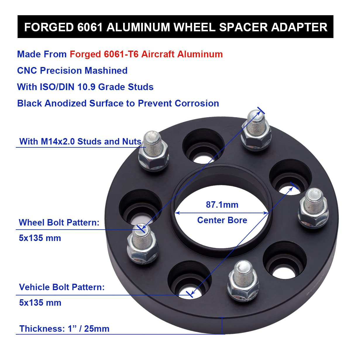 1 Inch Black Forged 5x135 Hubcentric Wheel Spacers with 14x2 Studs - Compatible with Ford F150 (1997-2003), Expedition (1997-2002), Lincoln Navigator (1998-2002) - 5 Lug Pack of 4 - Enhance Stance & Off-Road Performance