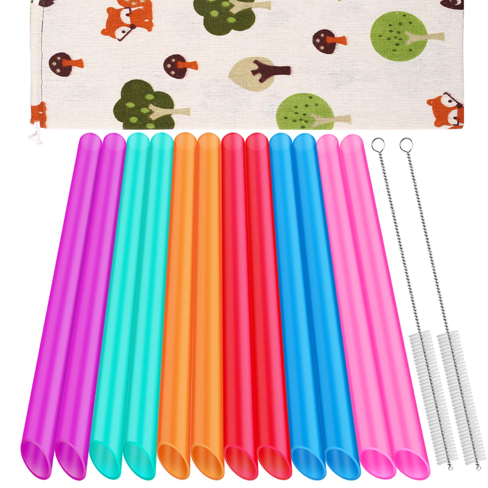 12 Pack Reusable Jumbo Angled Straws for Smoothies & Drinks - BPA Free Food Grade Plastic with Storage Bag & Cleaning Brushes - Perfect for Home, Office, Parties & Travel