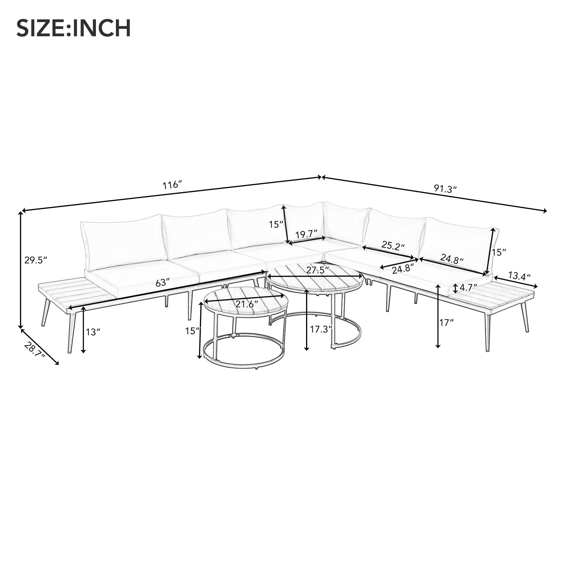 6-Piece Outdoor Sectional Sofa Set with Round Nesting Coffee Tables & Cushioned Seating - Patio, Porch, Garden Furniture for Backyard, Poolside & Outdoor Living Spaces