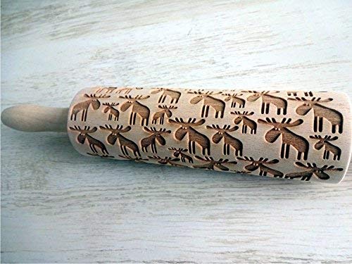 Wooden Rolling Pin with MOOSE Embossing Pattern - Handmade Cookie Dough Press for Baking, Pottery & DIY Crafts - Perfect for Holiday Cookies, Wedding Favors & Home Decor