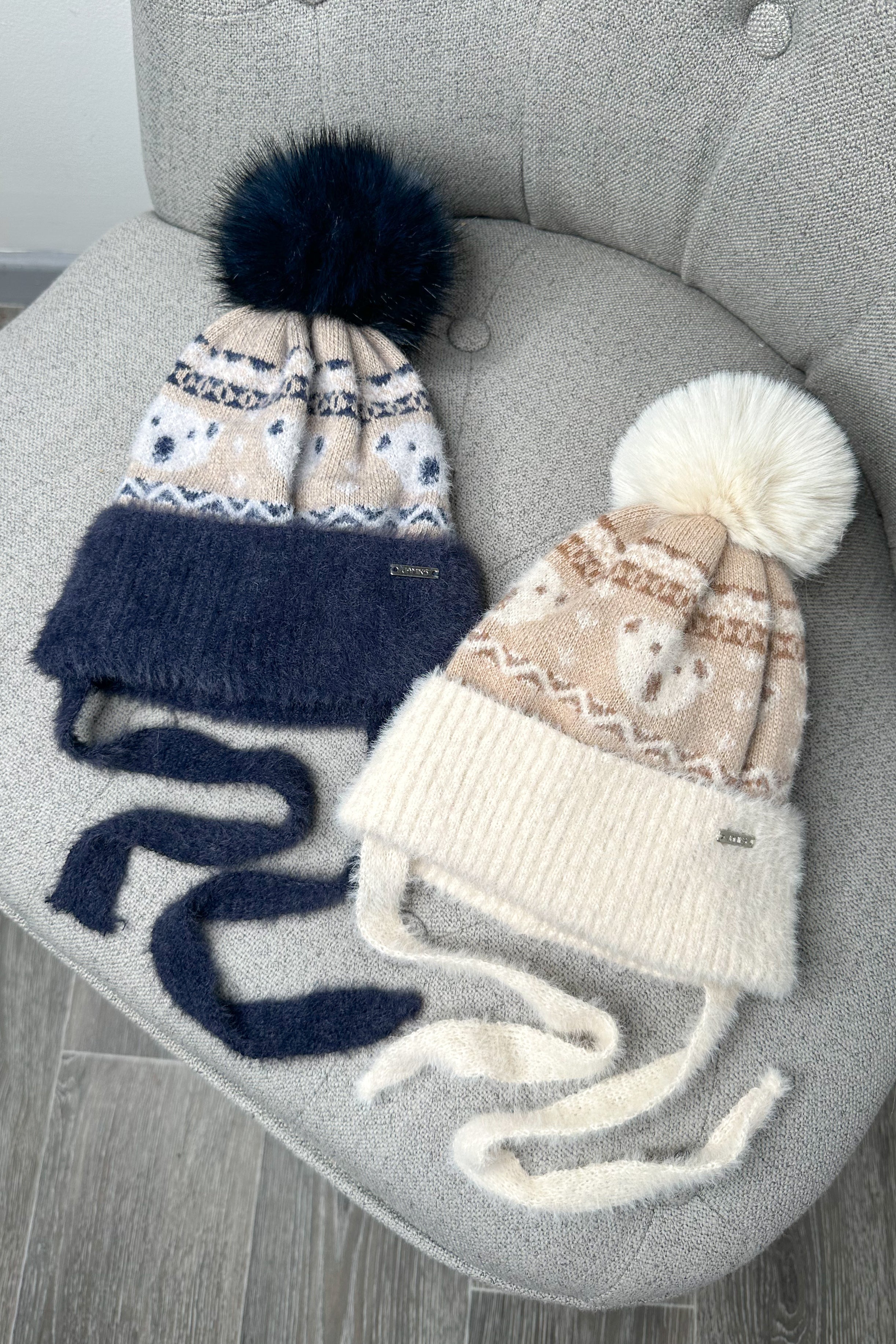 Cozy Beige Teddy Fair Isle Knit Hat with Pom Pom - Winter Warm Fleece Lined Beanie for Women & Men - Perfect for Skiing, Snowboarding & Cold Weather Outdoors