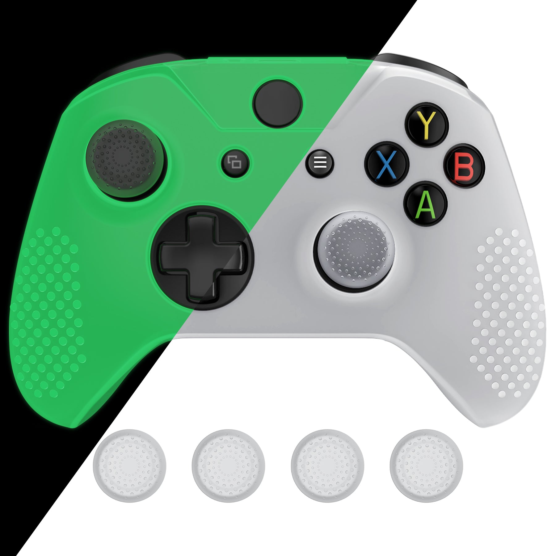 eXtremeRate PlayVital Soft Silicone Controller Cover with Glow in Dark Thumb Stick Caps for Xbox One S/X - Green (XBOWP0058GC) - Perfect for Night Gaming & Enhanced Grip