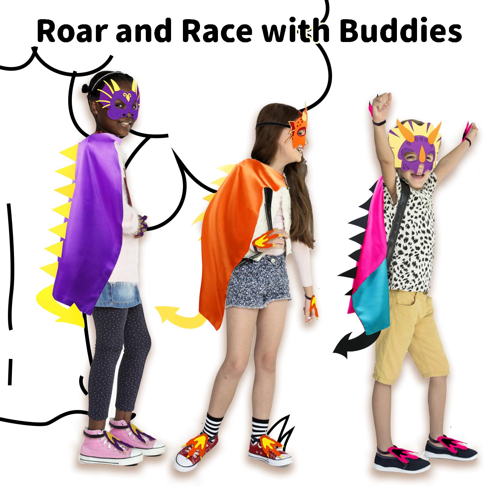 iROLEWIN Kids Dinosaur Costume Set - 3 Pack Dragon Capes with Tails, Dino Masks & Claws for Dress Up, Halloween Party, Pretend Play - Perfect Gift for Toddlers & Children