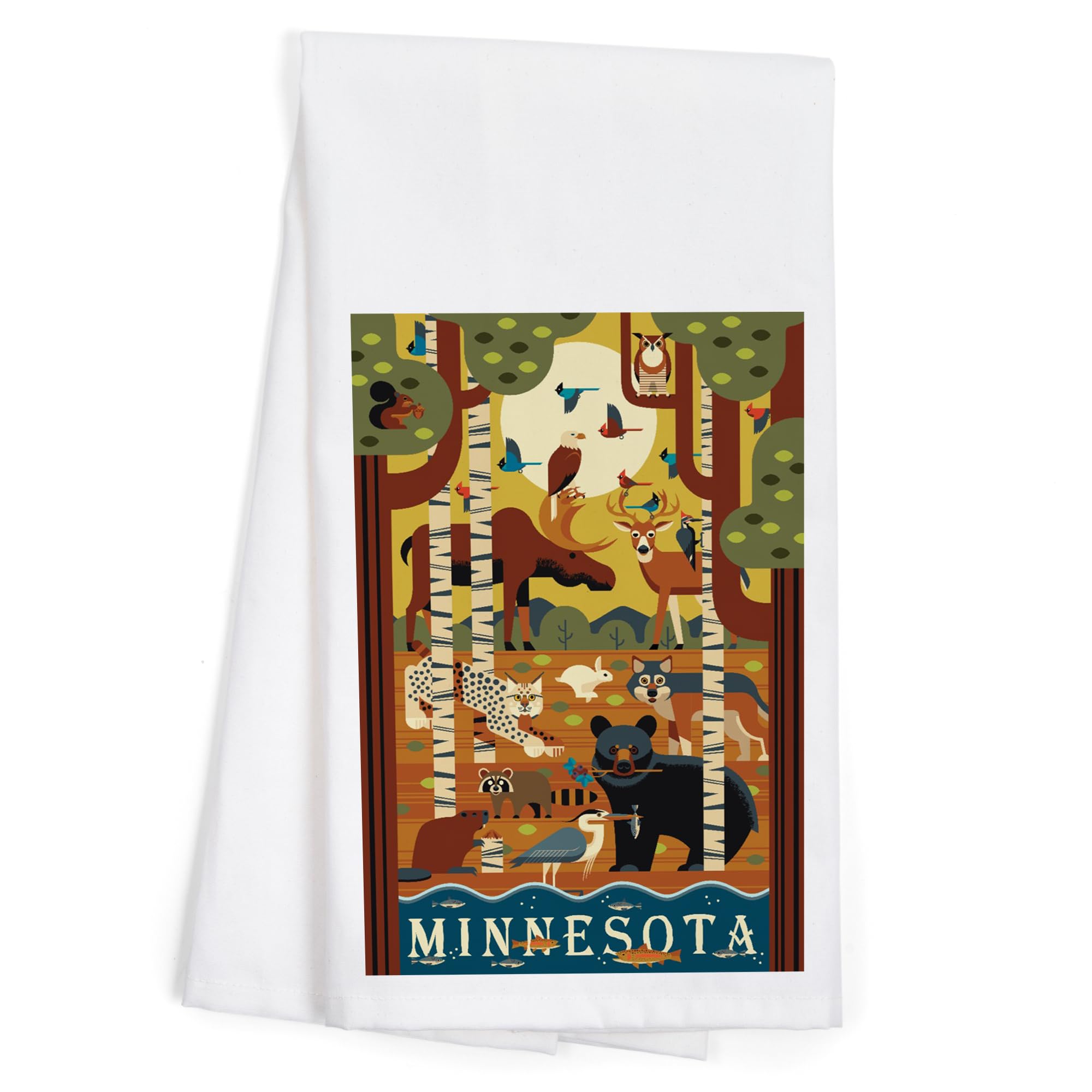 Minnesota Forest Animals Geometric Print 100% Cotton Tea Towel - Decorative Hand Towel for Kitchen, Bathroom & Home Decor - Perfect for Farmhouse, Cabin & Rustic Style Homes