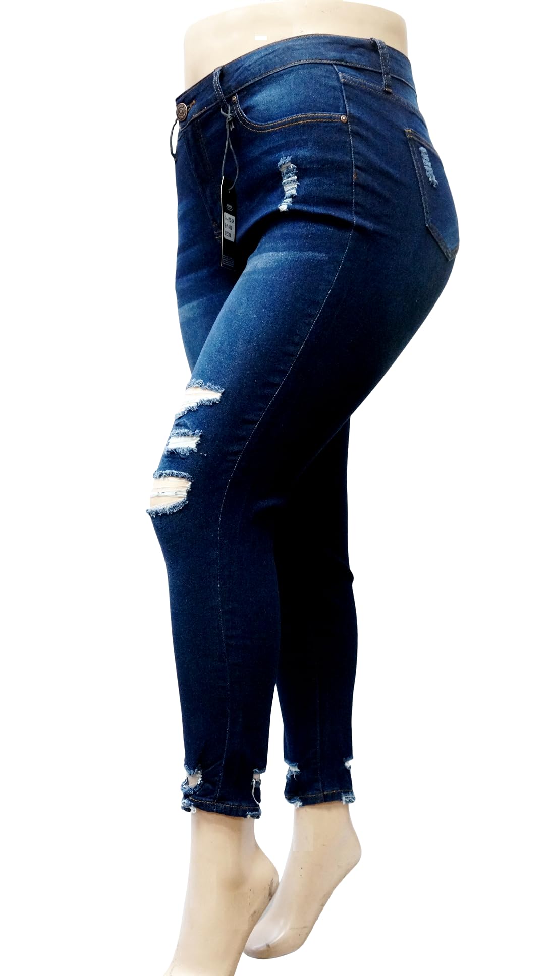 Jack David Women's Plus Size Ripped Distressed Blue Denim Stretch Jeans - Comfortable High Waisted Skinny Pants for Casual Wear & Everyday Outfits