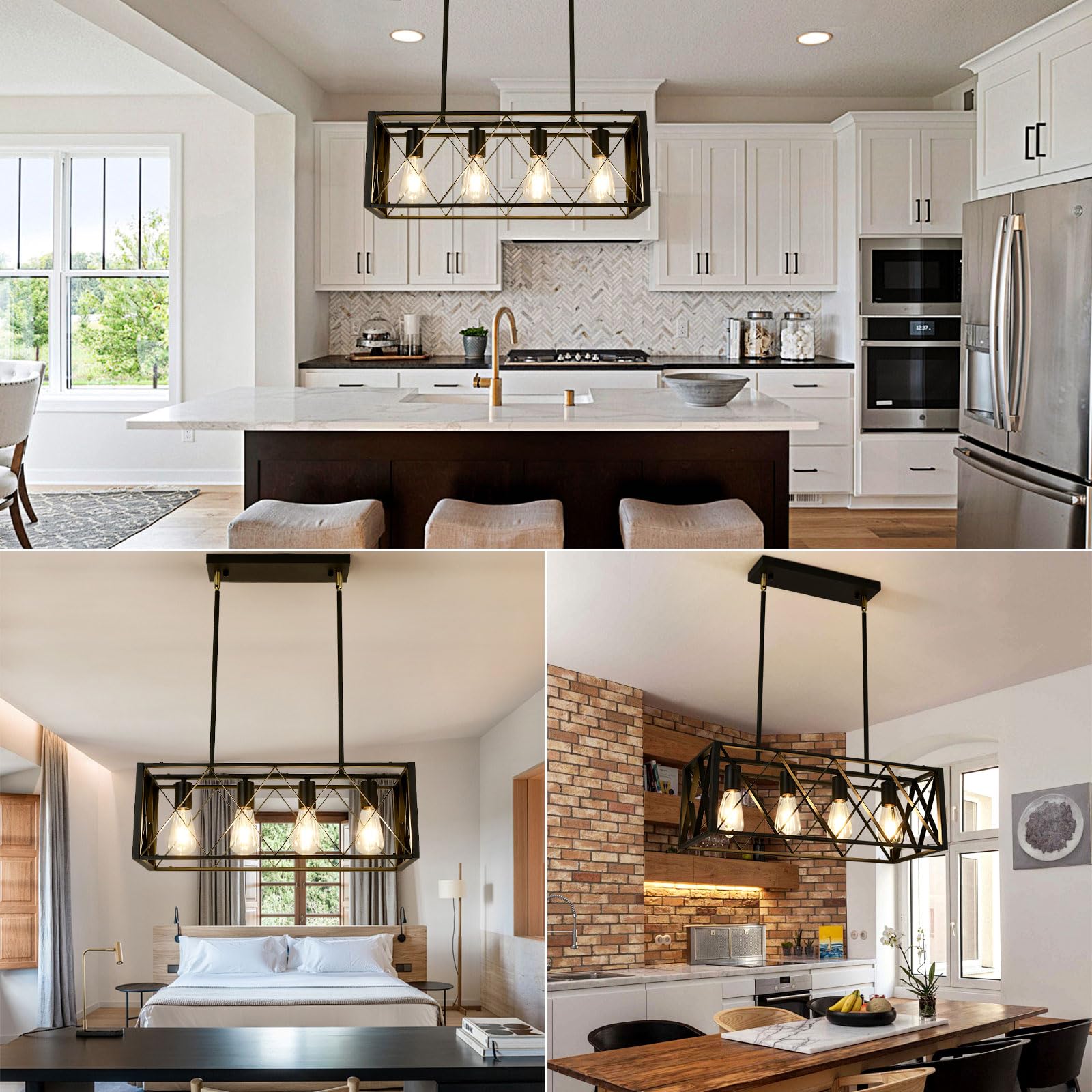 Black Farmhouse Chandelier - 4-Light Metal Industrial Linear Pendant Lighting for Kitchen Island, Dining Room & Living Room | Rustic Home Decor for Modern Farmhouse, Industrial Loft & Open Concept Spaces