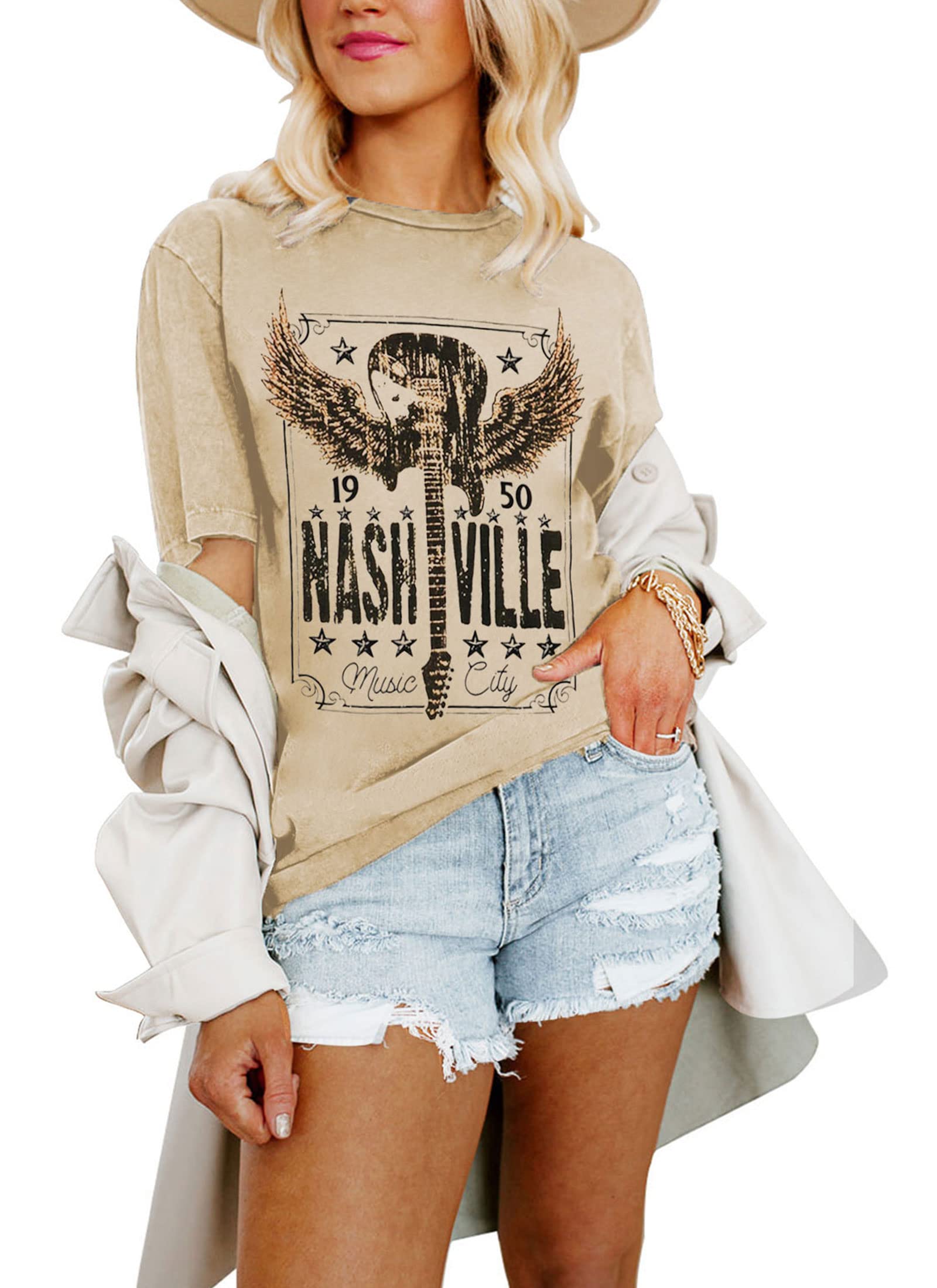 Vintage Guitar Print Women's Country Music Shirts - Oversized Graphic Short Sleeve Tees for Concerts, Festivals & Casual Wear