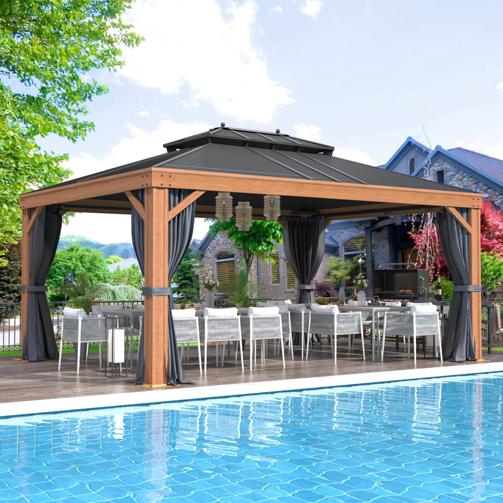 EROMMY 12X16 Hardtop Gazebo with Drainage Gutters - Outdoor Patio Canopy for Backyard, Garden & Poolside Relaxation