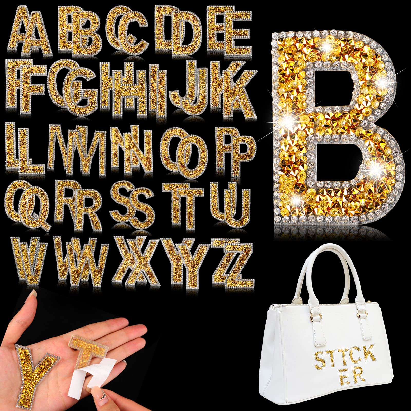 Glitter Resin Rhinestone Alphabet Letter Stickers - Self-Adhesive A-Z Iron On Letters for DIY Crafts, Clothing, Scrapbooking (Gold, 52 Pieces) | Perfect for Custom T-Shirts, Hats, Bags & Home Decor Projects