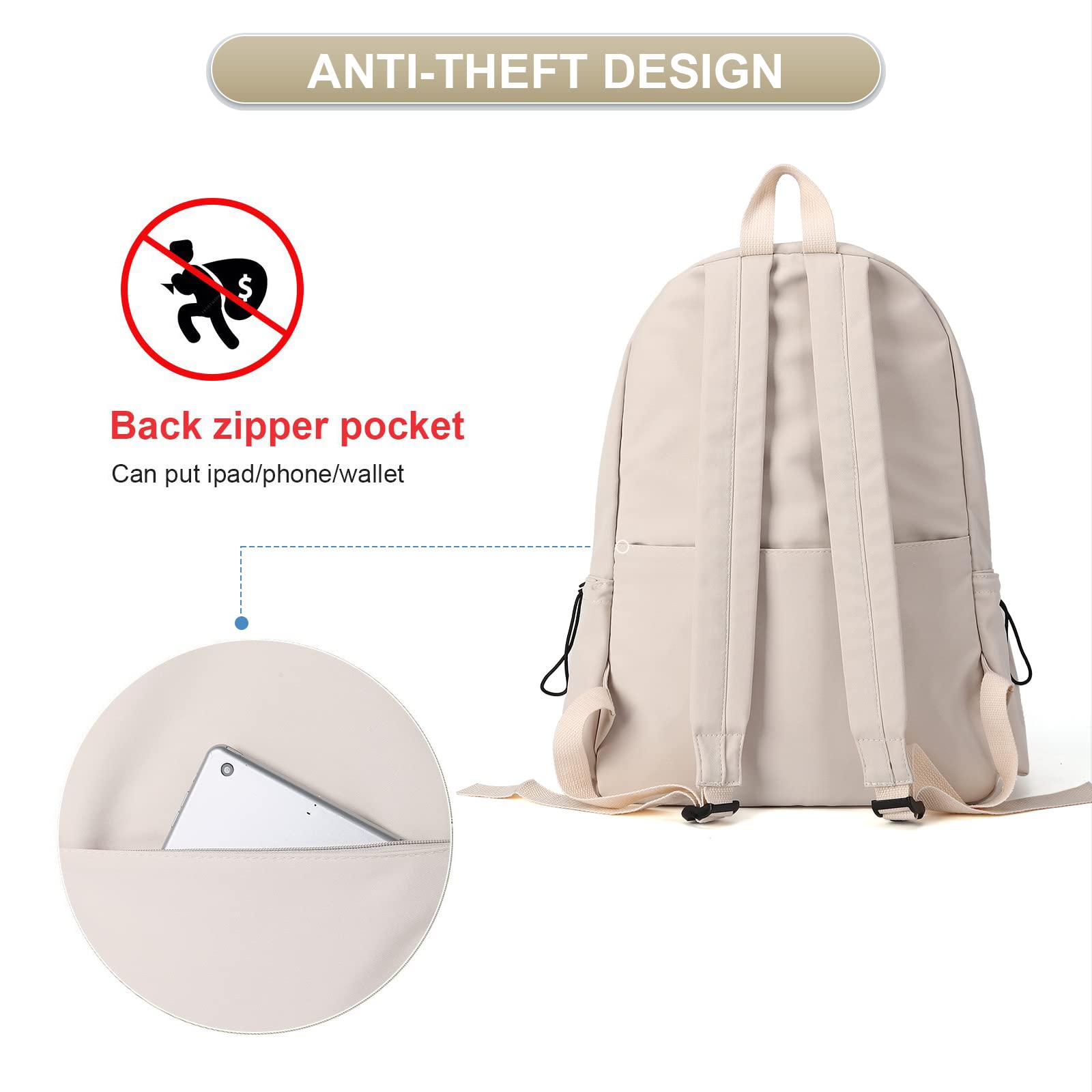PAUBACK Lightweight Water Resistant School Backpack for Teens - Beige Book Bag for Middle & High School Students, Durable Daypack for Boys & Girls | Perfect for School, Travel & Daily Use