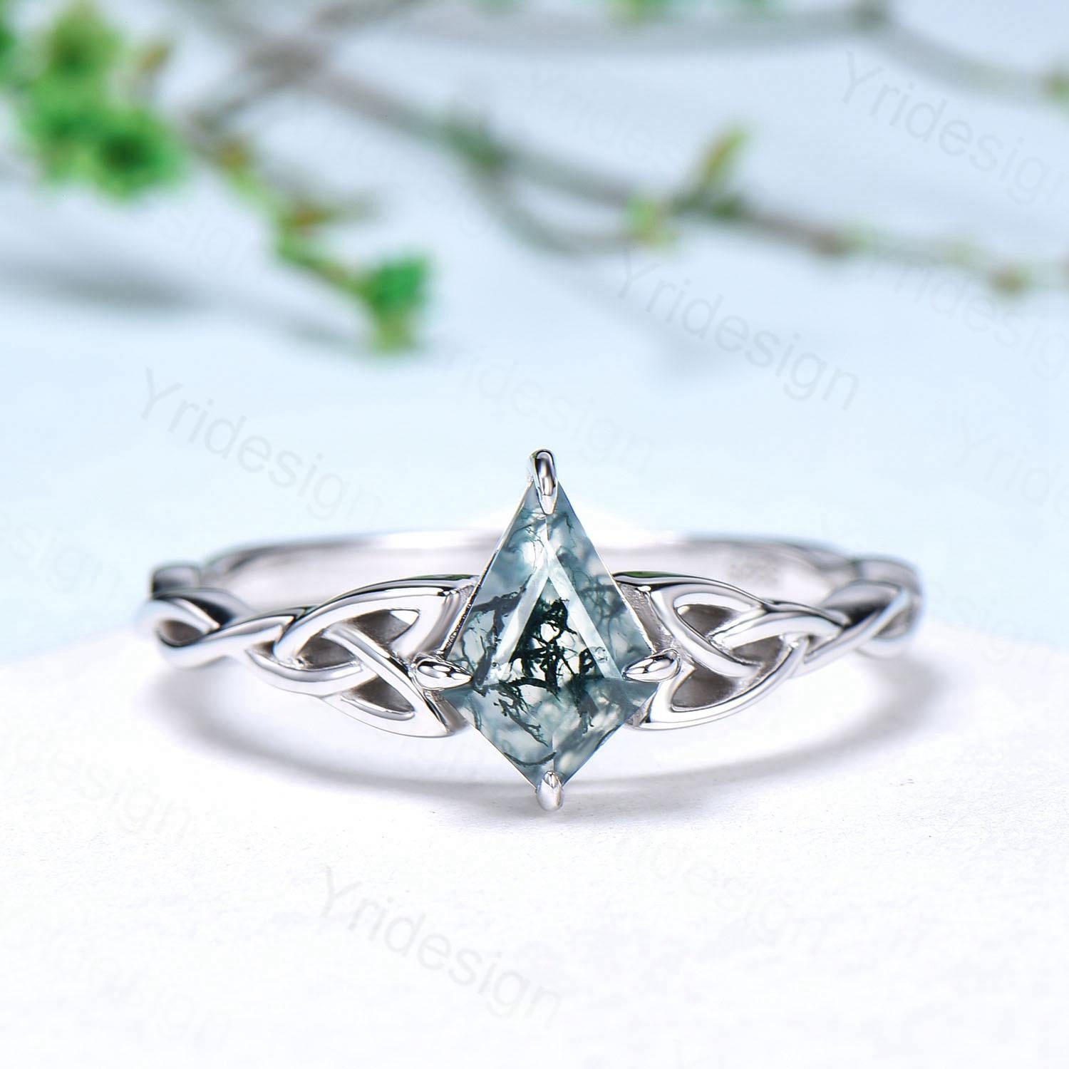 Viking Moss Agate Ring for Women - Norse Celtic Love Knot Engagement & Wedding Band - Unique Twisted Green Crystal Jewelry - Perfect for Viking Weddings, Handfasting Ceremonies & Medieval Cosplay