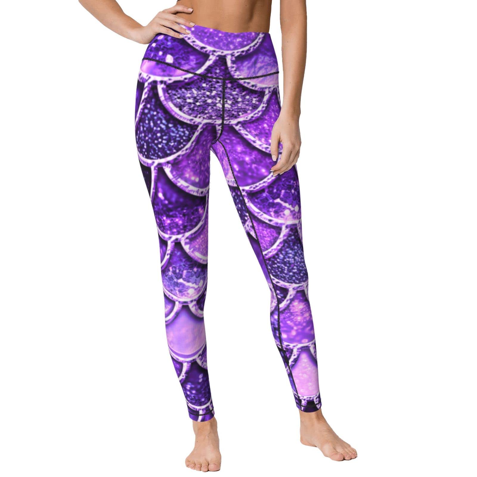 Purple Mermaid Scale High Waist Yoga Pants for Women - Capri Leggings with Tummy Control - Skinny Workout Tights for Yoga, Gym, Running and Everyday Wear