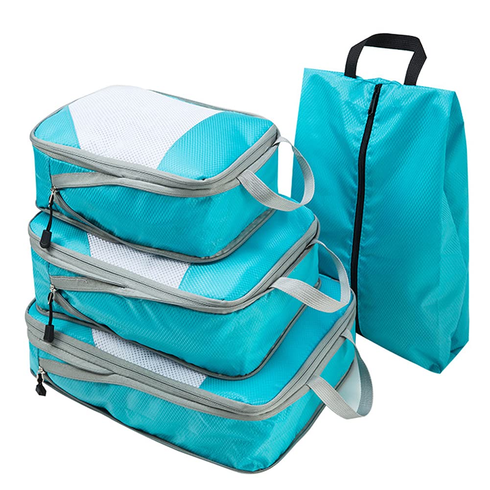 4-Piece Compression Packing Cubes Set - Travel Storage Organizer for Luggage & Suitcases | Expandable Mesh Bags for Clothes, Underwear & Shoes (Blue) | Perfect for Business Trips, Vacations & Weekend Getaways