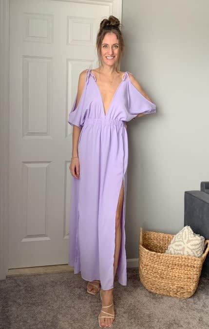 DEEP SELF Women's Summer Floral V-Neck Cold Shoulder Short Sleeve Maxi Dress - High Waist Side Slit Wedding Guest Beach Party Long Dress for Casual Outings & Special Occasions