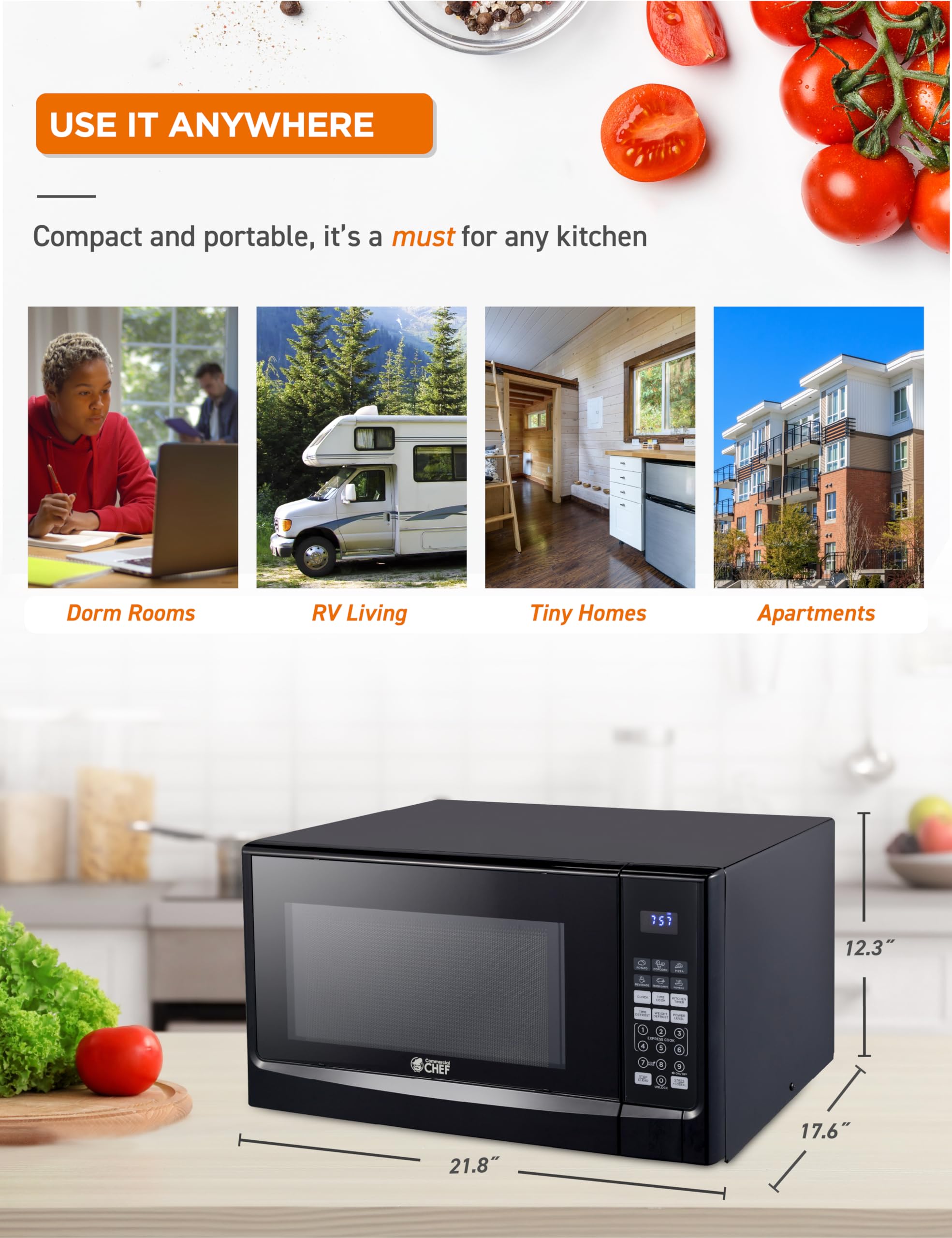 Commercial Chef 1.4 Cu Ft Countertop Microwave - 1100W with 10 Power Levels & Digital Control Panel, Push Button Operation, Timer Function - Perfect for Small Kitchens, Dorms, Offices & Home Use (Black)