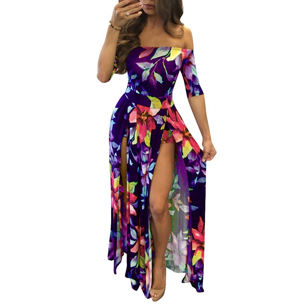 Ekaliy Women's Sexy Floral Off Shoulder Maxi Romper Dress with High Slit - Summer Jumpsuit for Beach, Party & Vacation Outfits