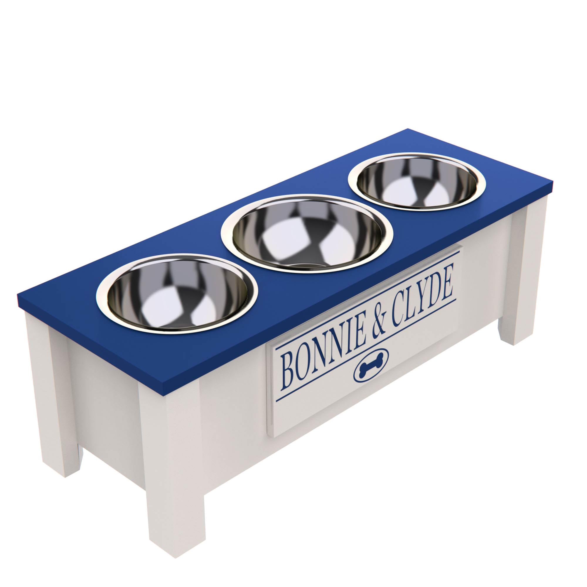 Personalized Elevated Triple Dog Bowl Stand for Large, Medium, Small & X-Small Dogs - 3 Stainless Steel Pet Food & Water Bowls with Internal Storage - Raised Dog Dish Feeder for Better Posture & Digestion (Medium Size, Blue) - Perfect for Kitchen, Dining Area or Pet Feeding Station