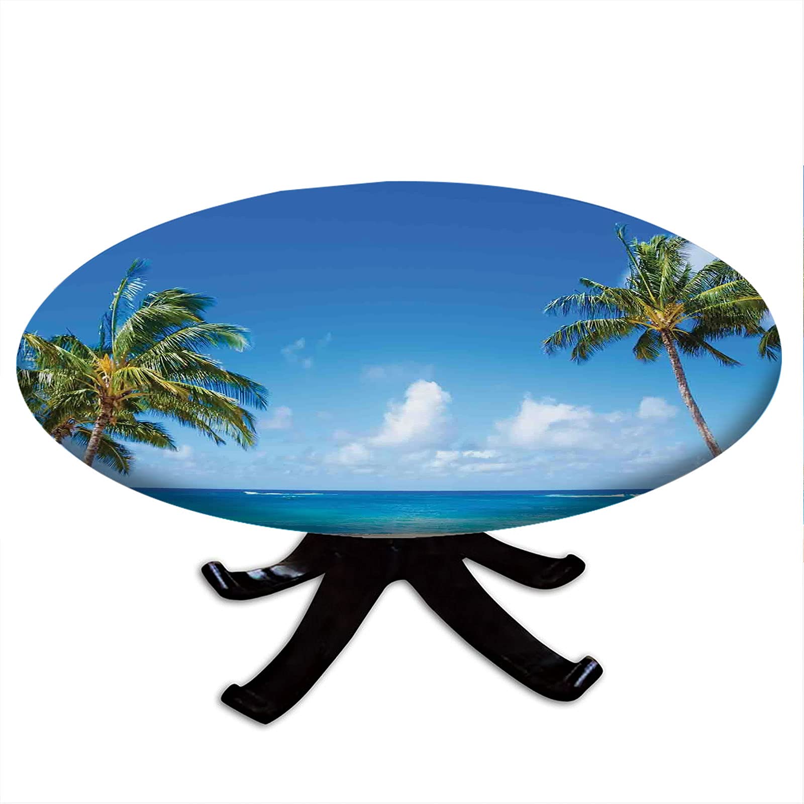 Elastic Edge Round Tablecloth - Tropical Beach Theme with Ocean Photography Print, Hawaiian Design, Fits 43-47 Inch Tables - Perfect for Luau Parties, Beach Weddings & Outdoor Dining (Gray Green)