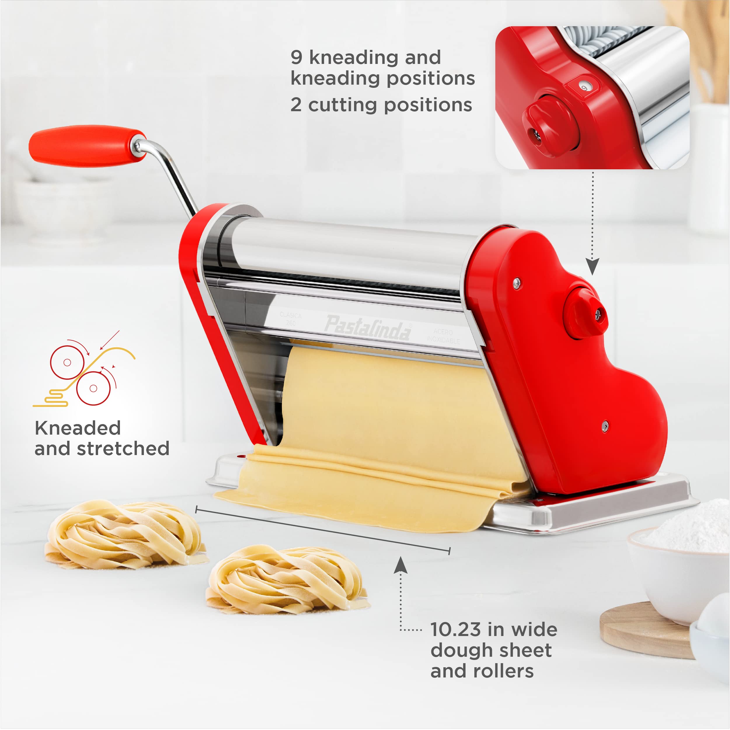 PASTALINDA Classic 260 Pasta Maker Machine - 26cm Wide Stainless Steel Rollers with 9 Thickness & 2 Cutting Positions - Includes Reinforced Hand Crank & 2 Clamps - Perfect for Homemade Pasta, Ravioli & Noodles - Ideal for Italian Cuisine & Family Cooking