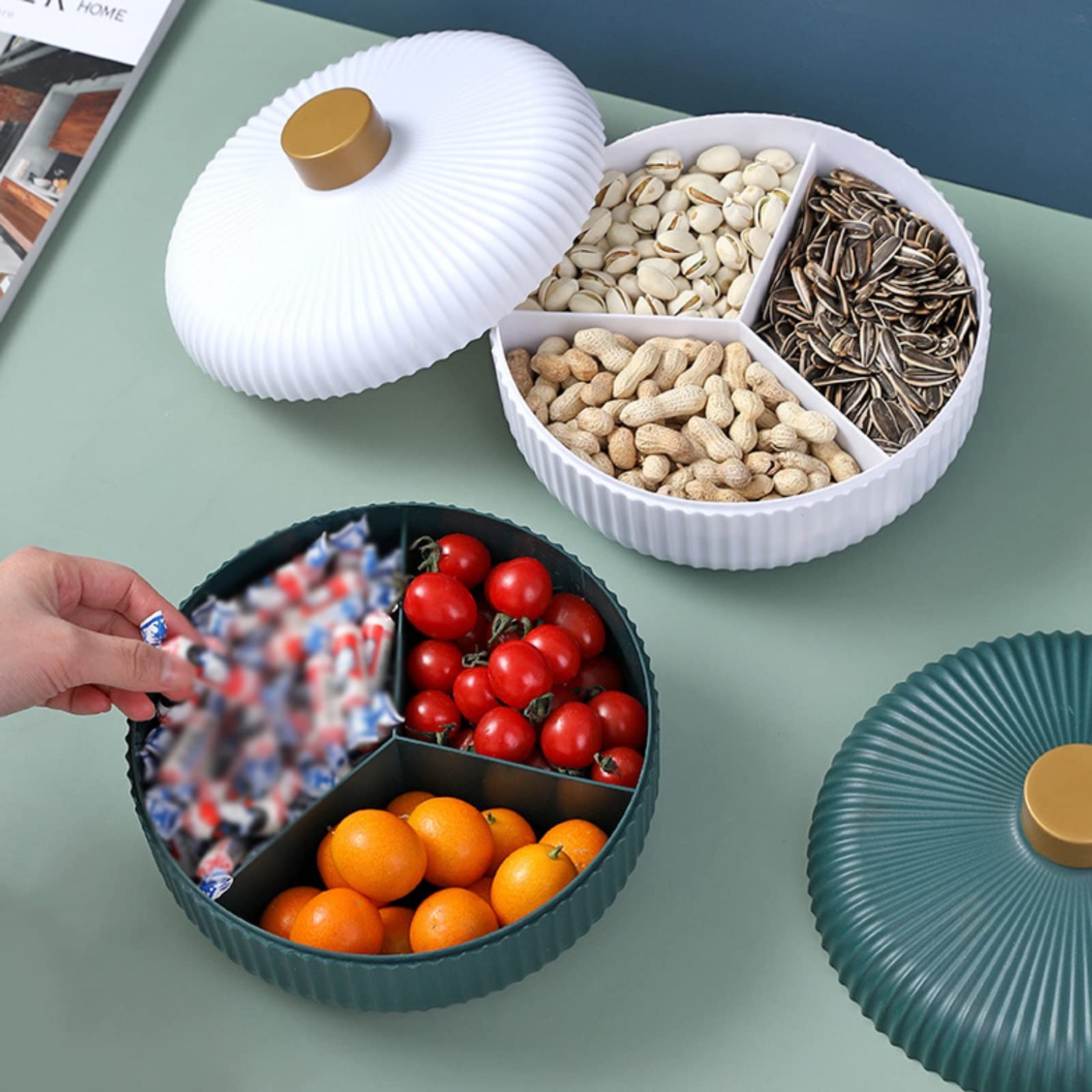 3-Compartment Plastic Snack Serving Tray with Lid - Round Candy Dish for Nuts, Fruits & Sweets - Kitchen & Living Room Storage Box for Parties, Movie Nights & Entertaining