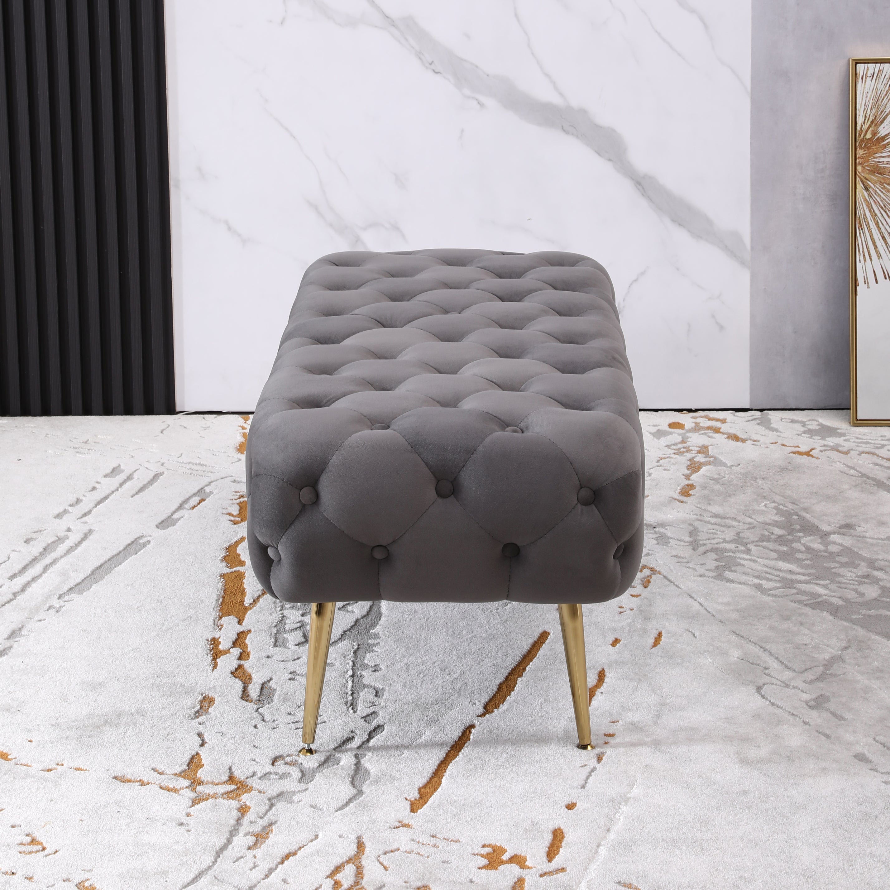 Roundhill Furniture Sira Velvet Button Tufted Bench with Gold Metal Legs - Gray Upholstered Storage Ottoman for Living Room, Bedroom, or Entryway
