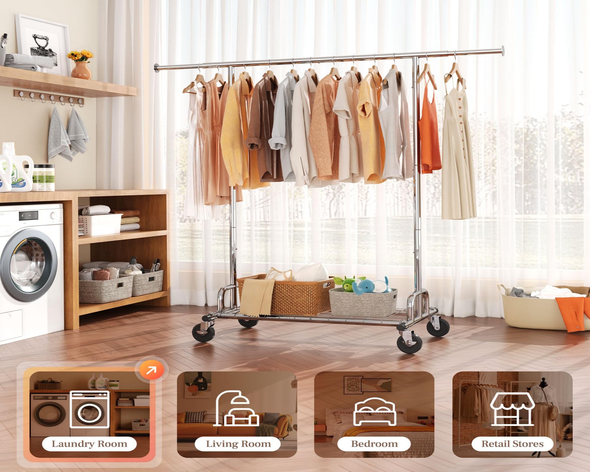 HOKEEPER Heavy Duty Rolling Clothes Rack with Lockable Wheels - Portable Garment Rack for Hanging Clothes, Coats & Accessories - Perfect for Bedroom, Living Room, Laundry Room & Balcony Organization
