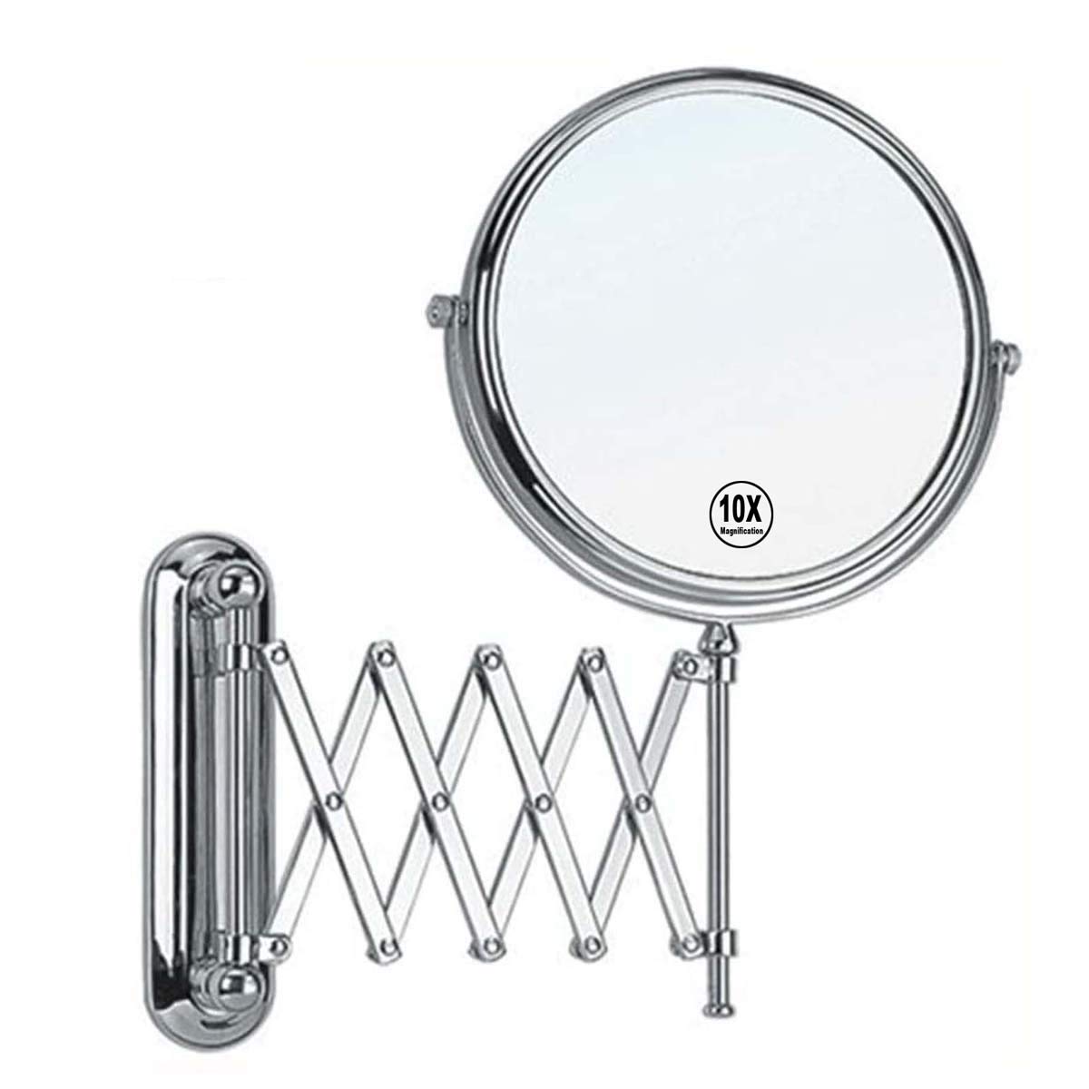 10X Magnification Wall Mounted Makeup Mirror - Double Sided Swivel Vanity Mirror with Extendable Arm, 8 Inch Round Chrome Bathroom Mirror for Precise Makeup Application & Grooming - Perfect for Home, Salon, and Hotel Bathrooms