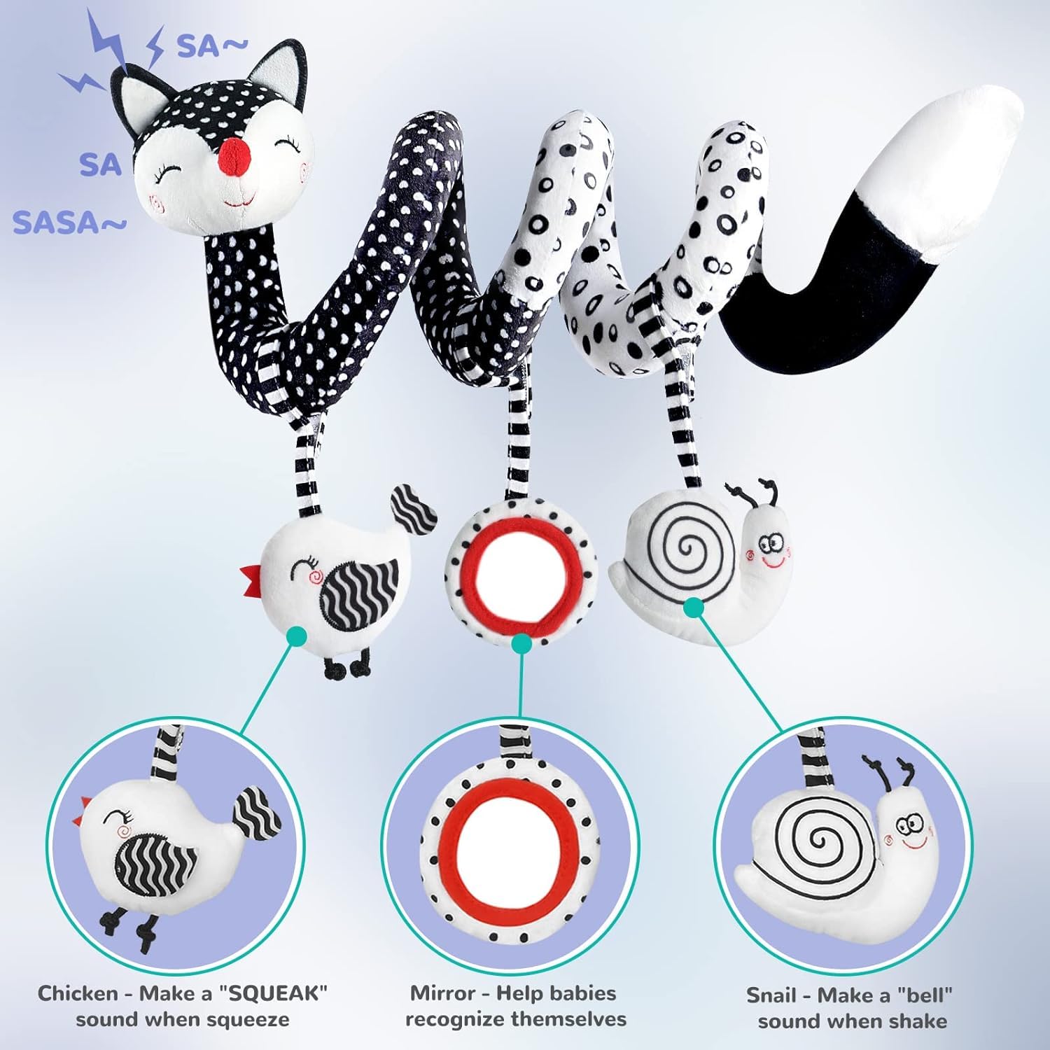Black & White Spiral Plush Baby Toy - Stretchable Stroller & Car Seat Activity Toy with Rattle, High Contrast Sensory Toy for Newborns 0-12 Months (Fox Design) - Perfect for Crib Mobiles, Tummy Time & Early Visual Development