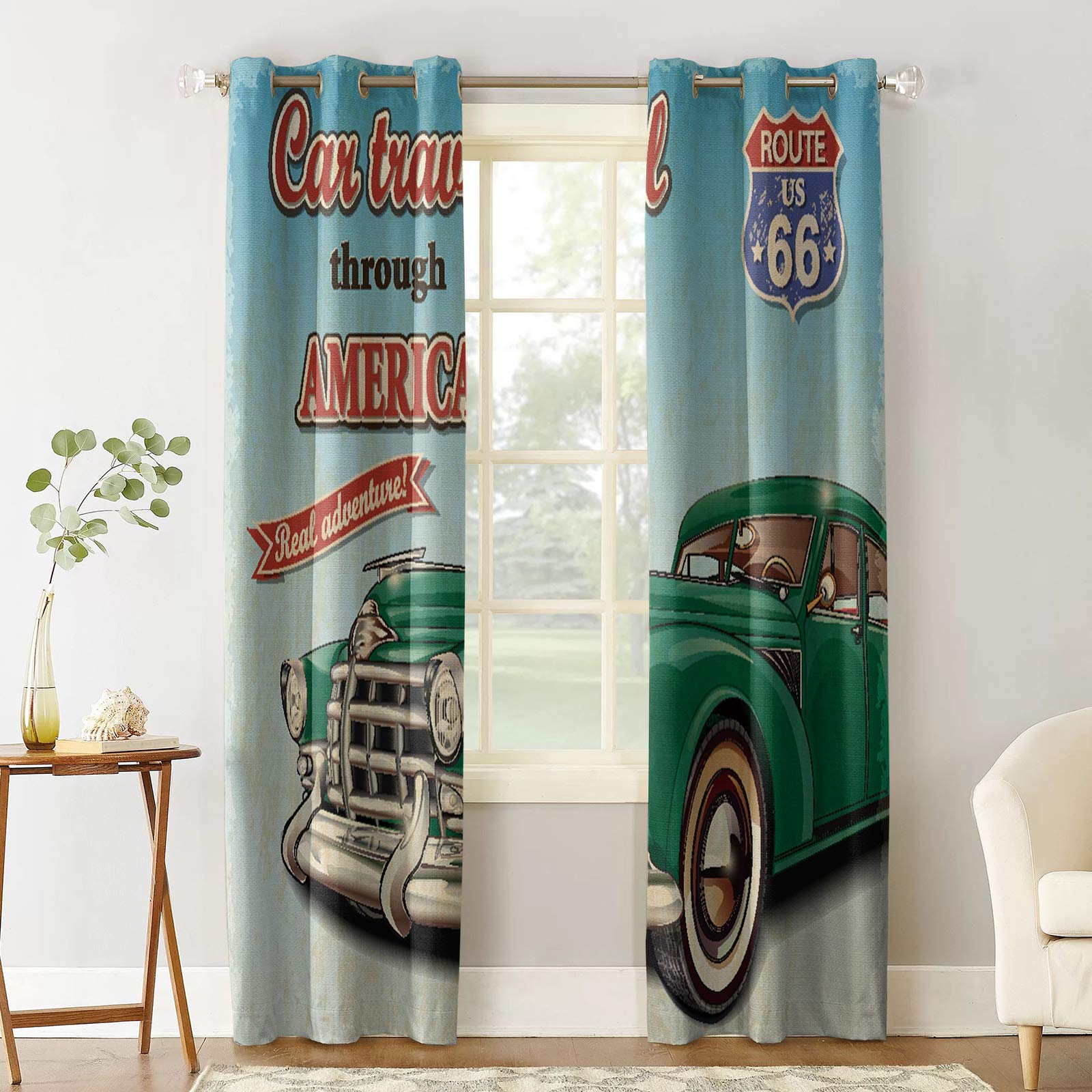 Thermal Insulated Blackout Curtains 52x90 Inches - Vintage American Truck Design for Living Room & Bedroom (Green) - Energy Saving, Noise Reducing Window Treatments for Home & Dorm Rooms