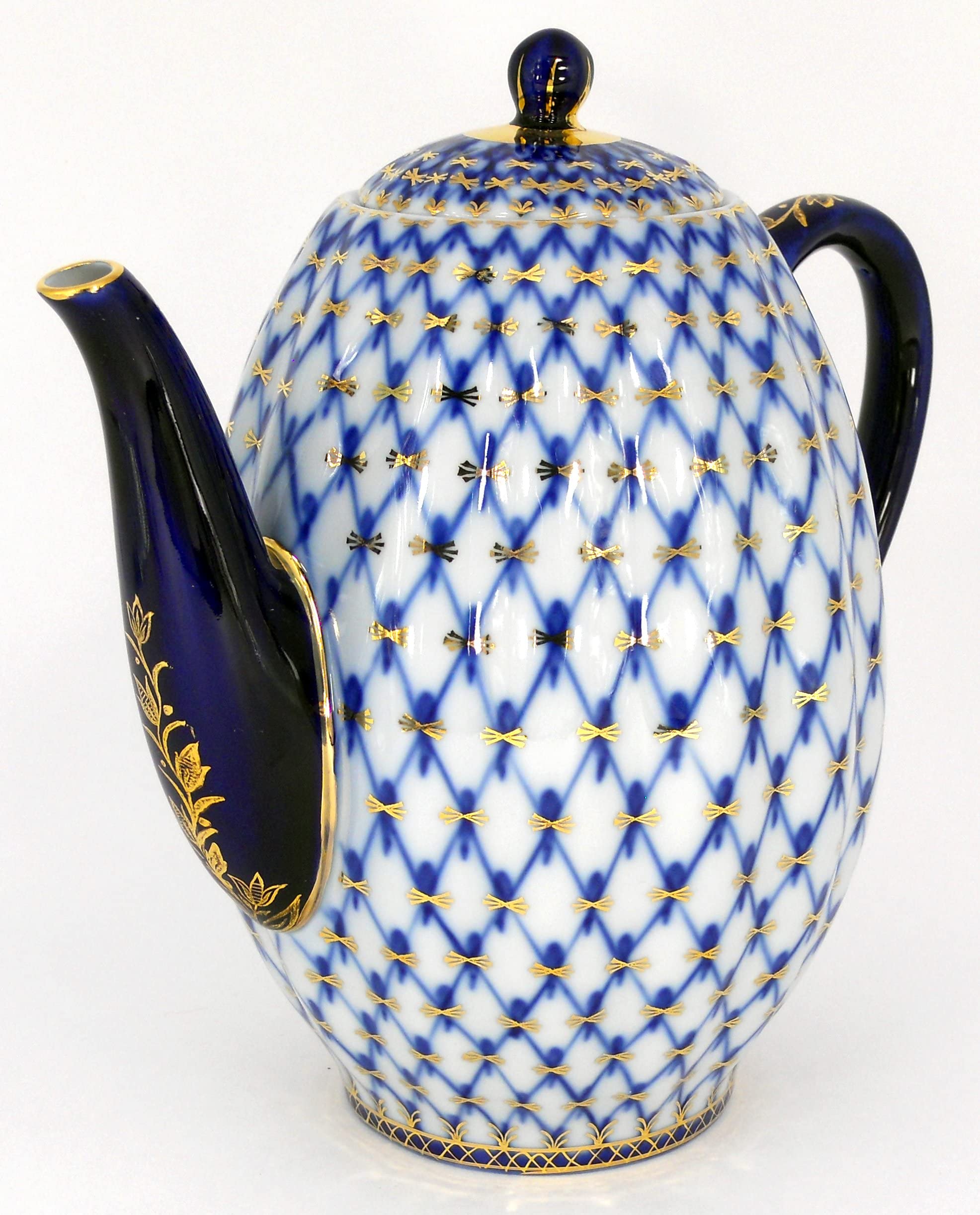 Lomonosov Porcelain 22K Gold Cobalt Net Coffee Pot - 8 Cups (40 oz/1200 ml) - Elegant Tea & Coffee Serving for Home, Office & Gifts