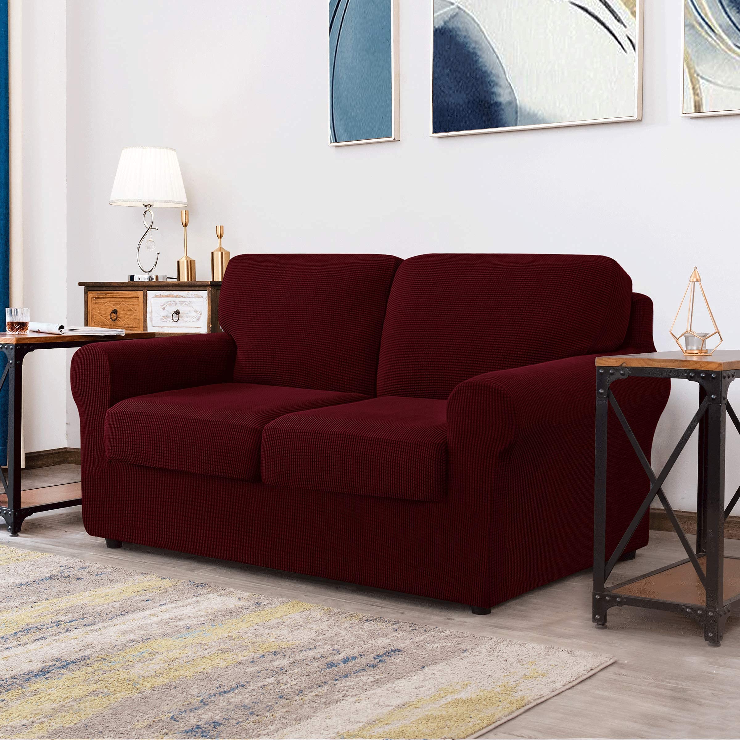 CHUN YI Loveseat Sofa Cover Set - Stretchable Jacquard Fabric Slipcover with Detachable Backrest & Cushion Covers - Checkered Design (Wine Red) for Living Room, Bedroom, or Office Furniture Protection