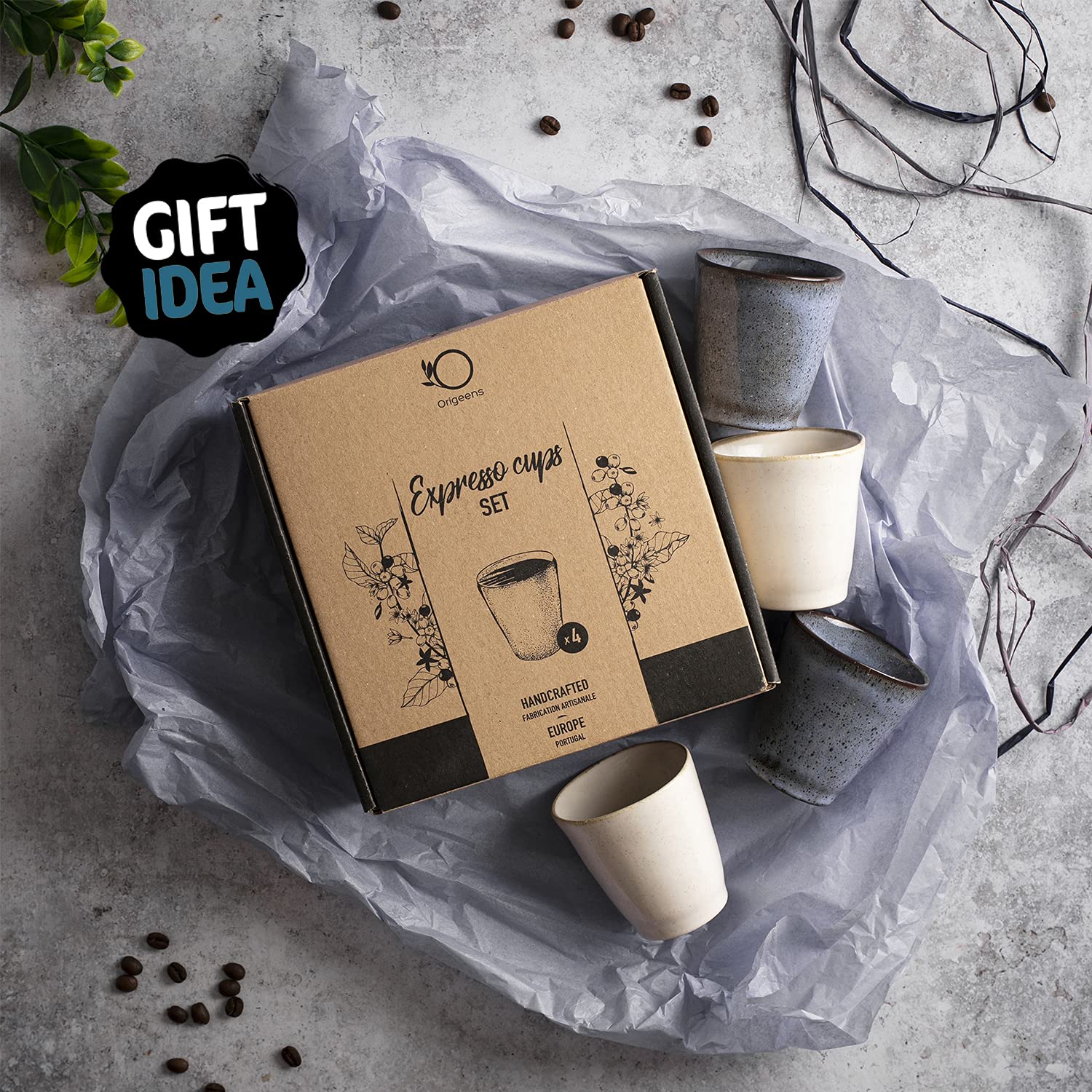 Origeens Handmade Ceramic Espresso Cup Set - 4 Pack (120ml Each) | Artisan Coffee Cups Made in Portugal | Perfect for Espresso, Cappuccino & Latte | Great Gift for Coffee Lovers & Home Baristas