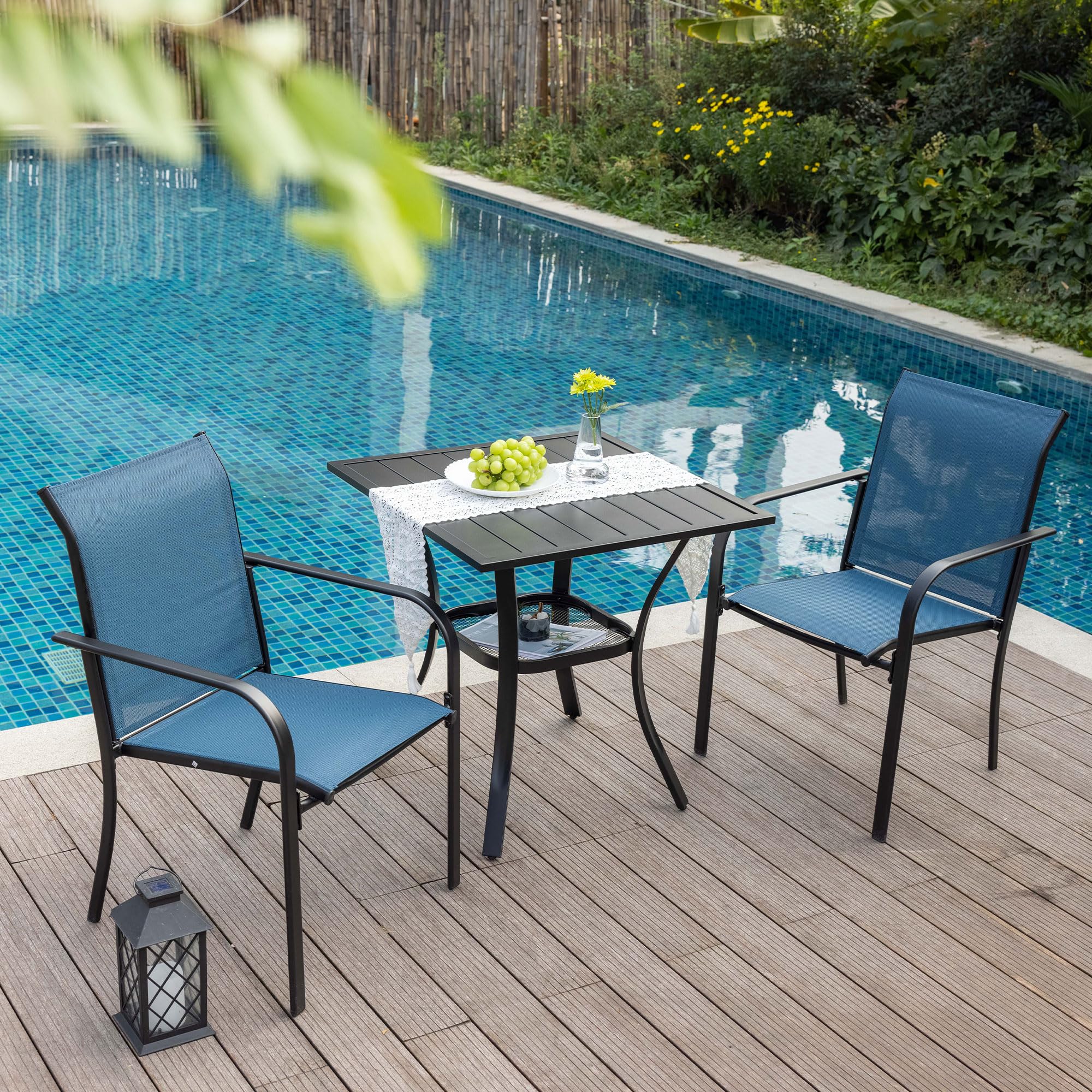VICLLAX 28x28 Inch Small Patio Dining Table - Black Metal Slatted Tabletop with Storage Shelf for Outdoor Deck, Lawn, Garden & Backyard - Perfect for BBQs, Picnics & Outdoor Entertaining