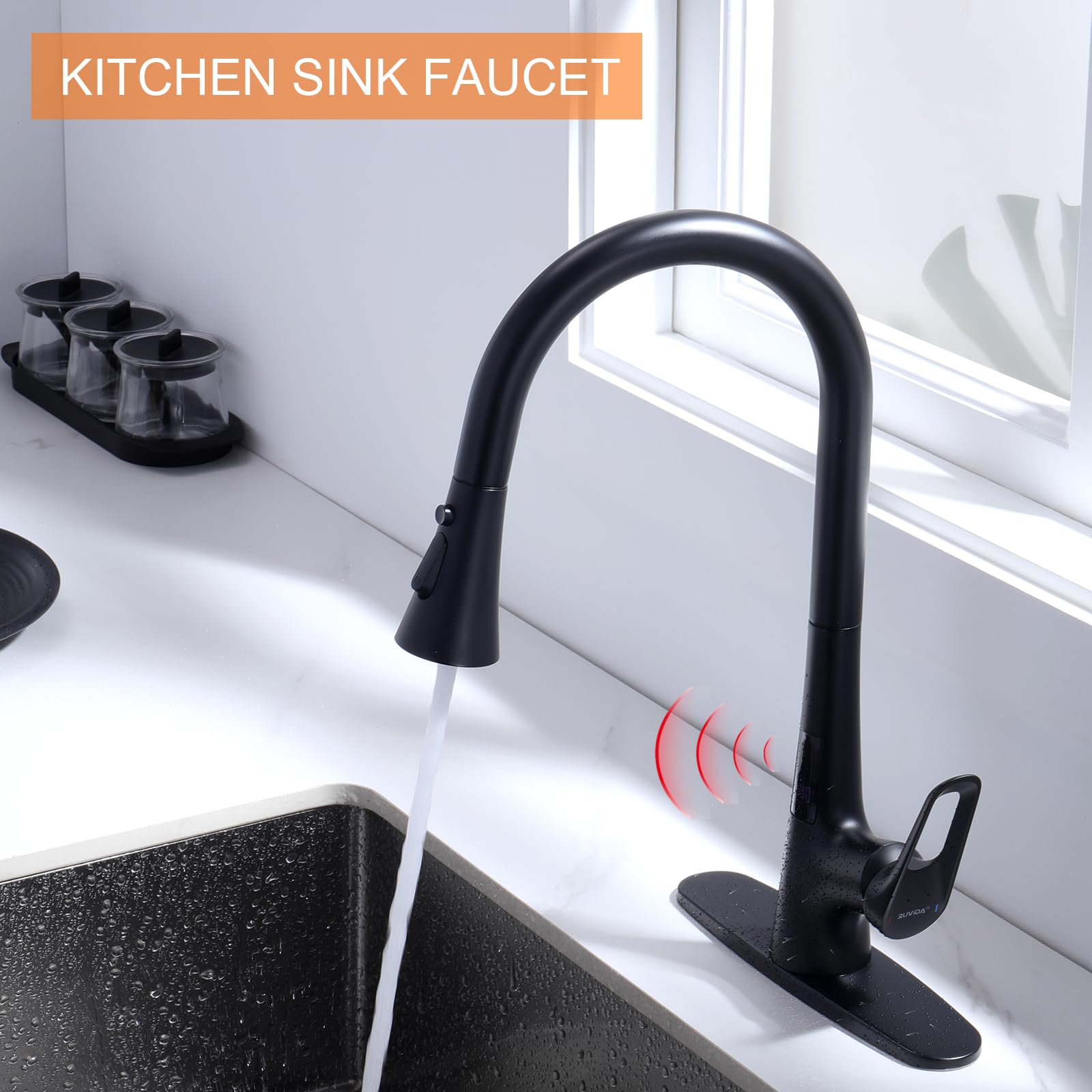 RUVIDA Matte Black Kitchen Faucet with Pull Down Sprayer - Single Handle Motion Sensor Sink Faucet with Deck Plate & 3 Spray Functions - Perfect for Commercial, Farmhouse, Camper, Laundry, and Home Kitchen Use