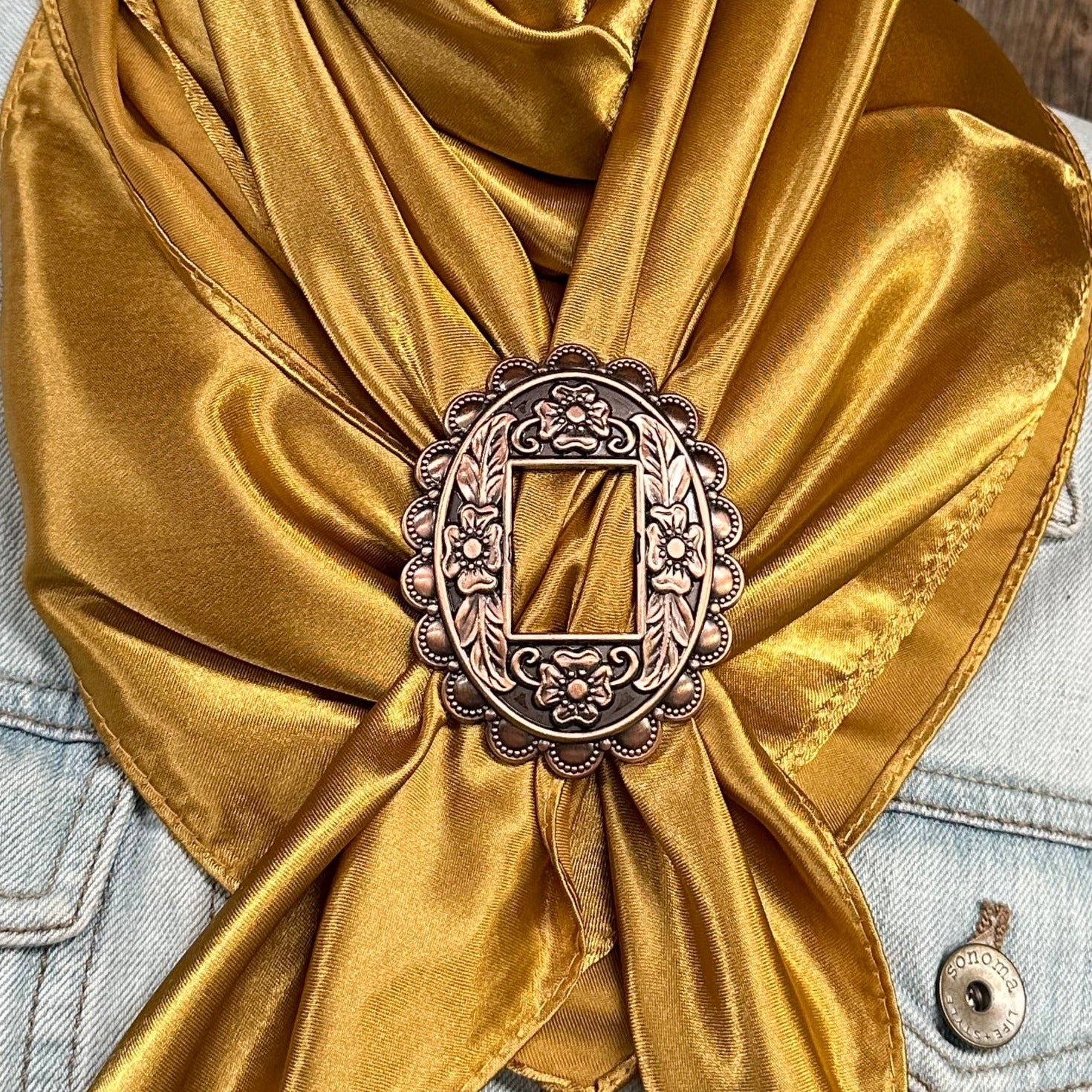 35X35 Mustard Yellow Wild Rag Scarf - WRS19 Buckle Wild Rag Slides - Western Style Bandana for Cowboy, Cowgirl & Horse Riding Accessories