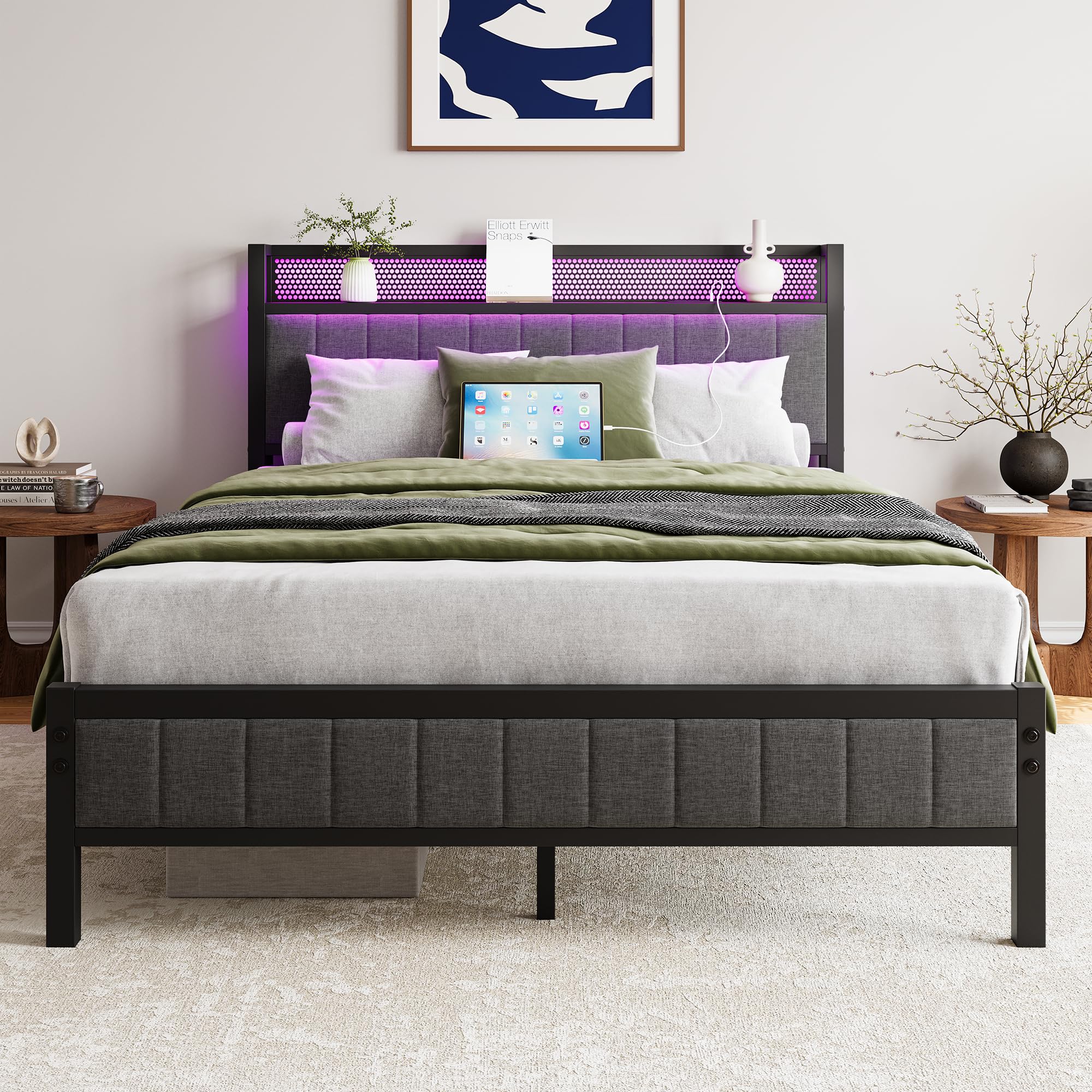 BOFENG Full Size Bed Frame with LED Lights, Storage Headboard & USB Charging Ports - Upholstered Metal Platform Bed with Strong Steel Slats, No Box Spring Needed, Noise Free - Perfect for Modern Bedrooms, Guest Rooms & Small Spaces