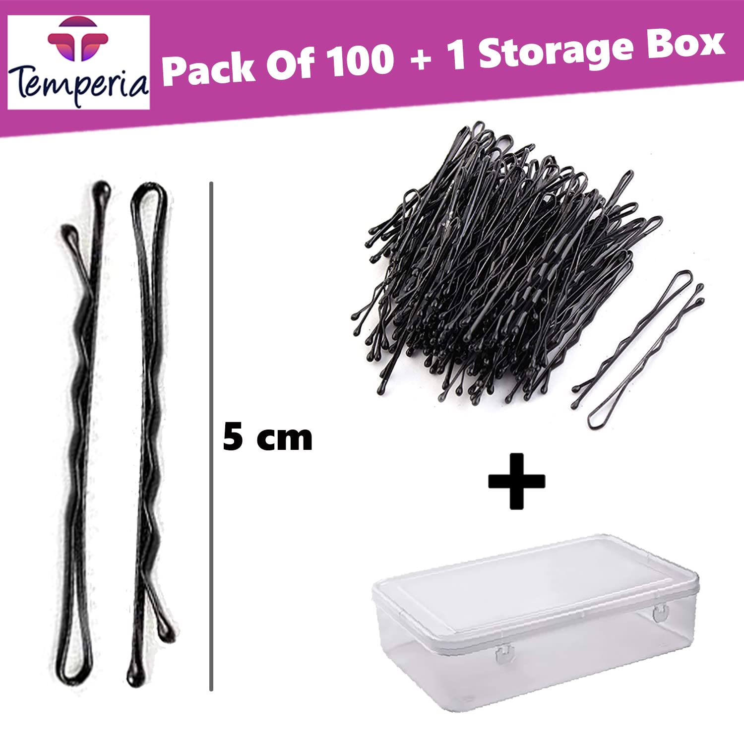 Temperia Bobby Hair Pins for Women & Girls - 100 Pack Small Hair Clips (5cm) | Stylish Hairpins for Hairstyling, Updos & Braids | Hair Accessories for Daily Use, Weddings & Parties (Black)