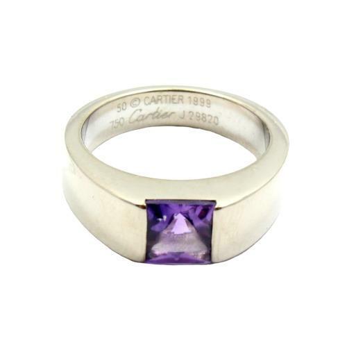 Authentic Cartier 18K White Gold Tank Amethyst Ring - Size US 5.25/EU 50 - Vintage 1999 Jewelry for Women, Luxury Gift for Anniversary & Special Occasions