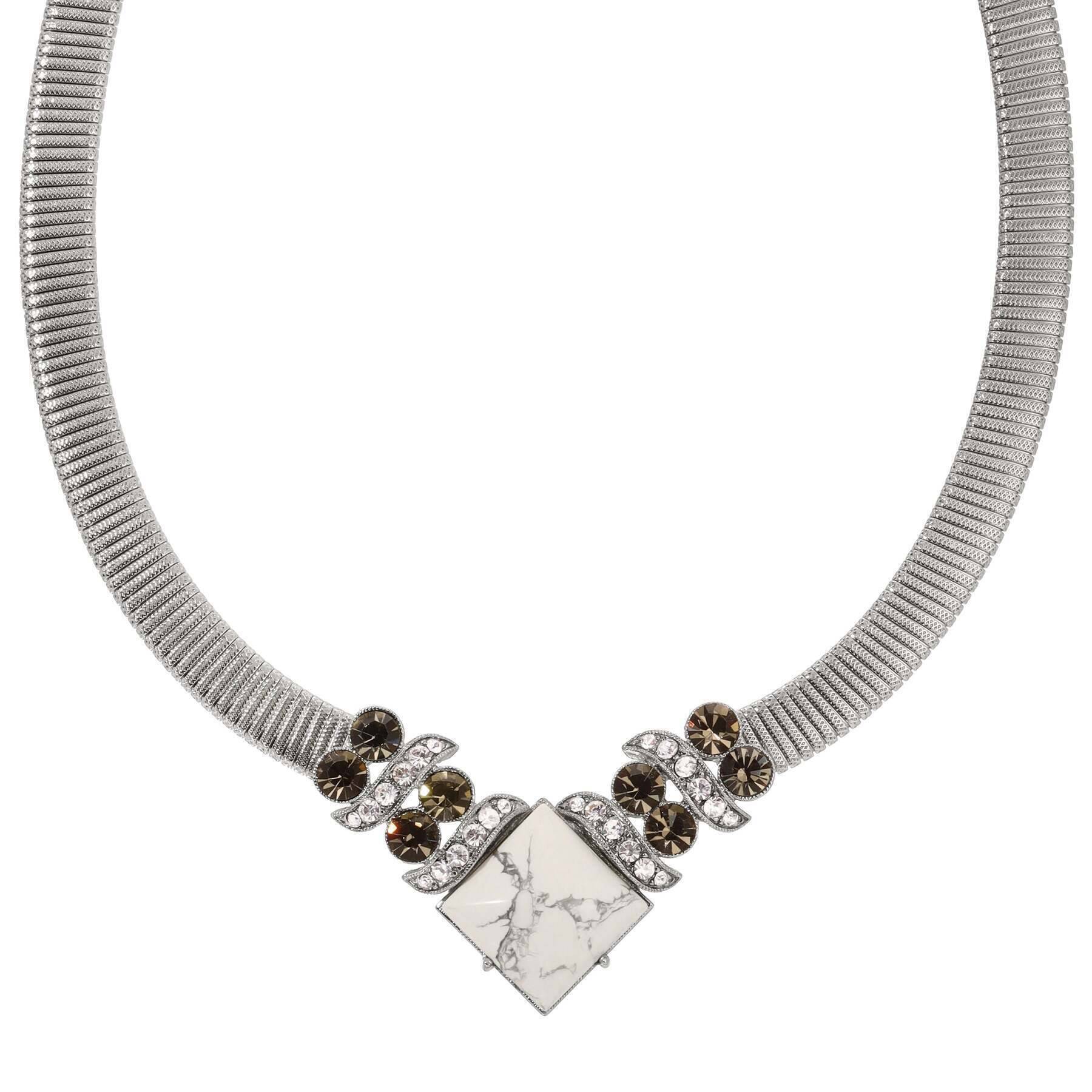 1928 Jewelry Black Diamond Crystal Square White Howlite Gemstone Collar Necklace - 15