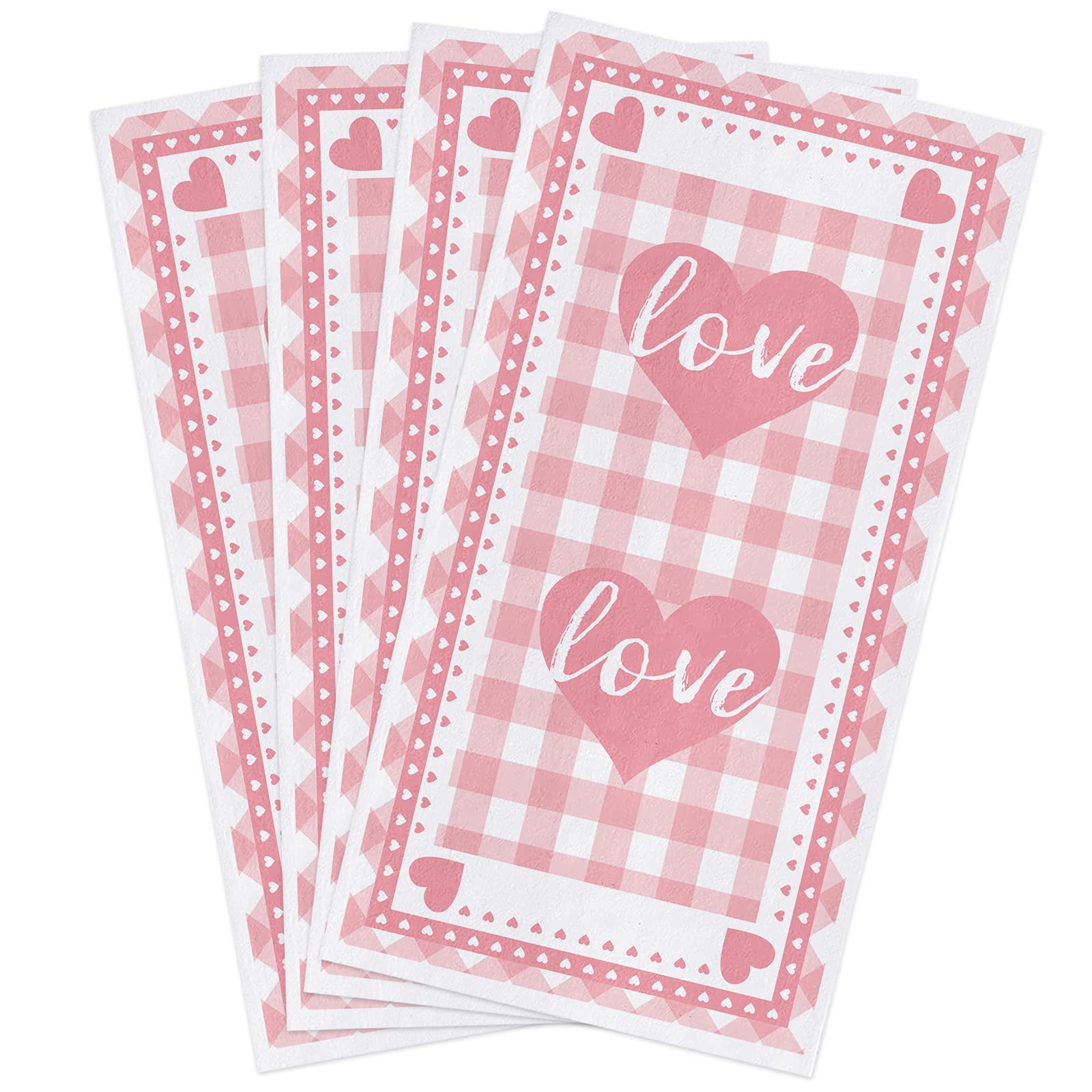 Zadaling 16x28 Inch Soft Cotton Kitchen Towels - Pink Buffalo Check Plaid with Love Hearts, 4-Pack Dish Cloths, Tea Towels & Hand Towels for Kitchen, Bar, and Home Decor