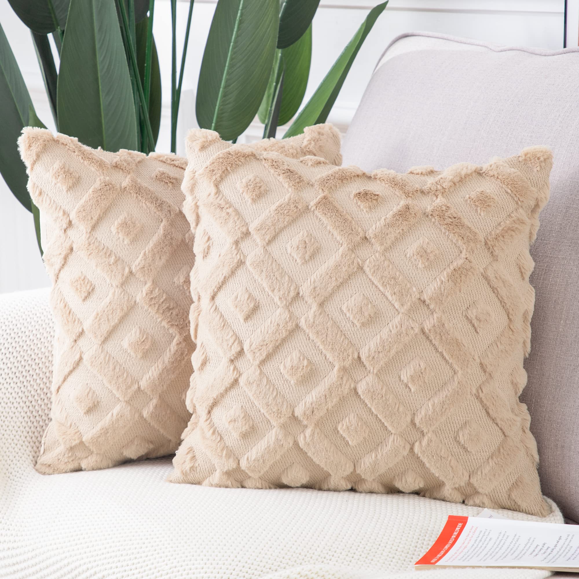 MADIZZ Set of 2 Khaki Plush Short Wool Throw Pillow Covers 12x12 Inch Square - Super Soft Cozy Decorative Velvet Cushion Covers for Sofa, Bed, Living Room - Perfect for Home Decor, Winter Comfort & Cozy Reading Nook