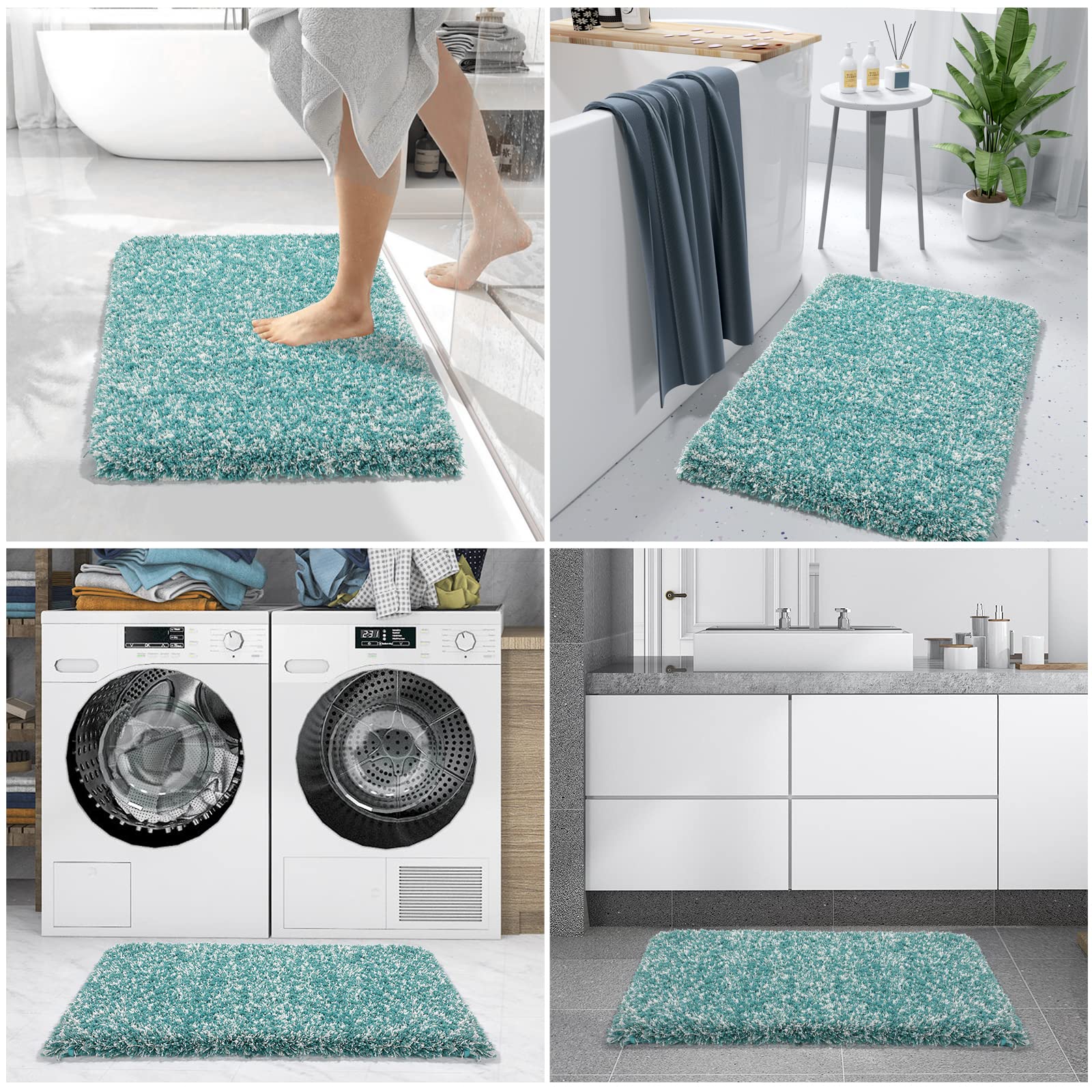 Yimobra Ultra Soft Bath Rugs 32x20 Inch - Non-Slip, Water Absorbent Shower Mats for Bathroom Floor & Tub - Plush Microfiber Bath Mat Machine Washable (Teal & White) - Perfect for Spa-Like Comfort and Safety