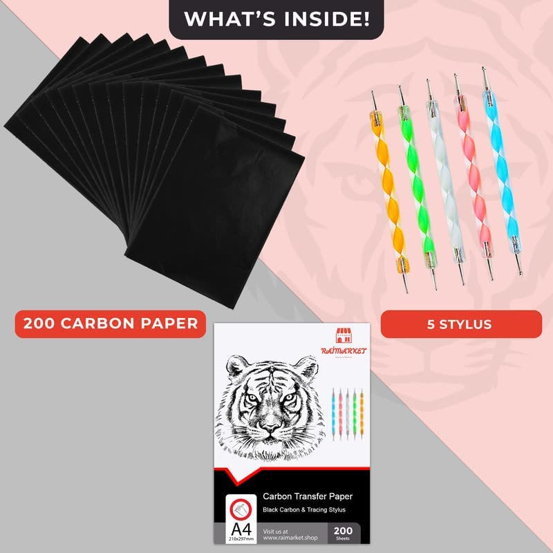 Raimarket 200 Sheets Black Carbon Paper for Tracing - A4 Size (9x13) Graphite Transfer Paper for Fabric, Wood & Canvas | Drawing, Sewing Patterns & DIY Crafts | Includes 5 Stylus Pens for Easy Tracing