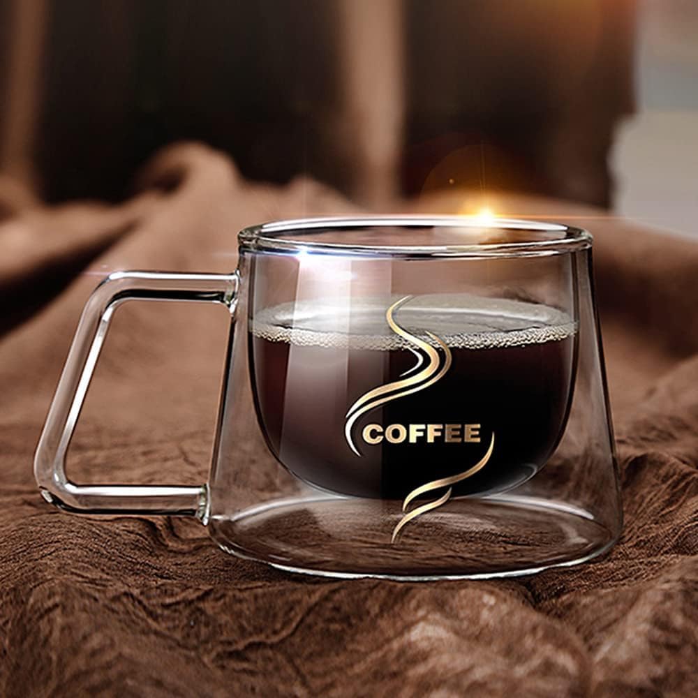 PrimeWorld 2-Pack 250ml Double Wall Insulated Coffee Mugs with Handle - Clear Glass Cups for Hot & Cold Drinks - Dishwasher Safe - Perfect for Coffee, Tea, Latte, Espresso, Juice & Iced Beverages at Home, Office or Cafe